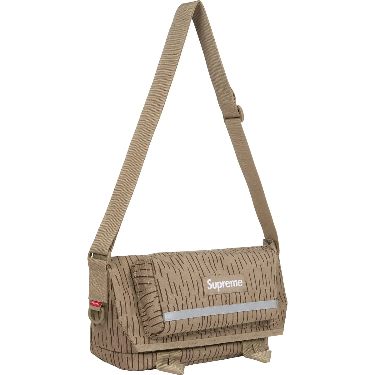 Supreme Messenger Bag FW24 in brown with adjustable shoulder strap and reflective stripe detail.