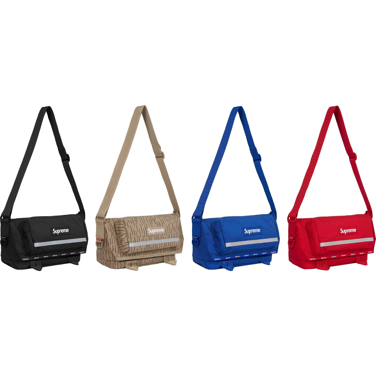 Supreme Messenger Bag FW24 in four colors: Black, Tan, Blue, and Red, showcasing urban functionality and style.