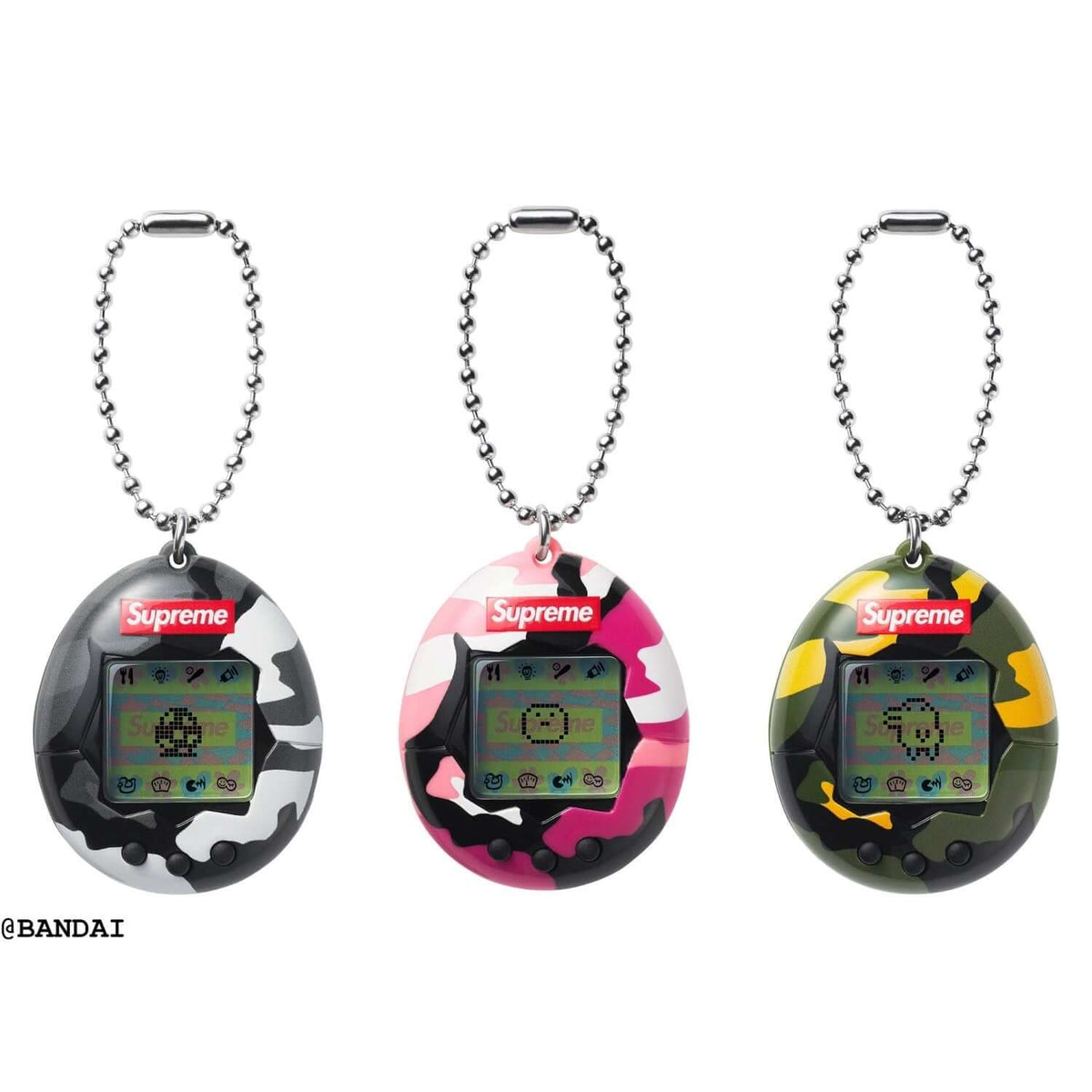 Supreme x Tamagotchi - three colorful designs featuring iconic 90s style and Supreme branding.