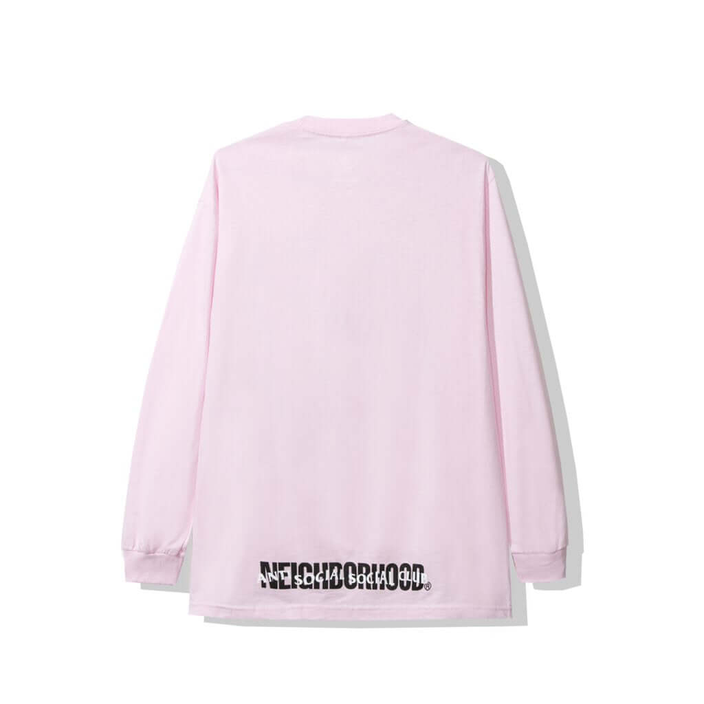 Back view of the ASSC x Neighborhood Black Jack L/S Tee in pink featuring bold graphic text.