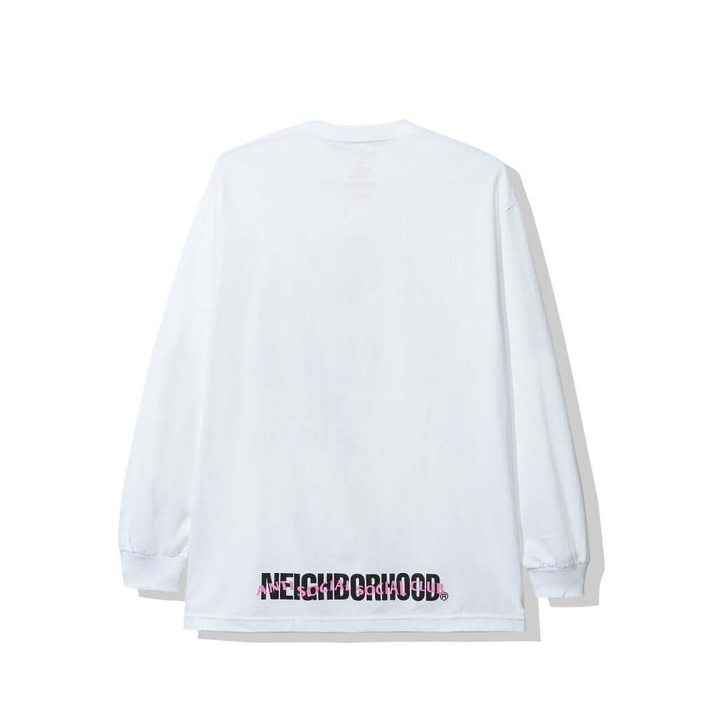 Back view of the ASSC x Neighborhood Black Jack L/S Tee featuring vibrant NEIGHBORHOOD. graphic.