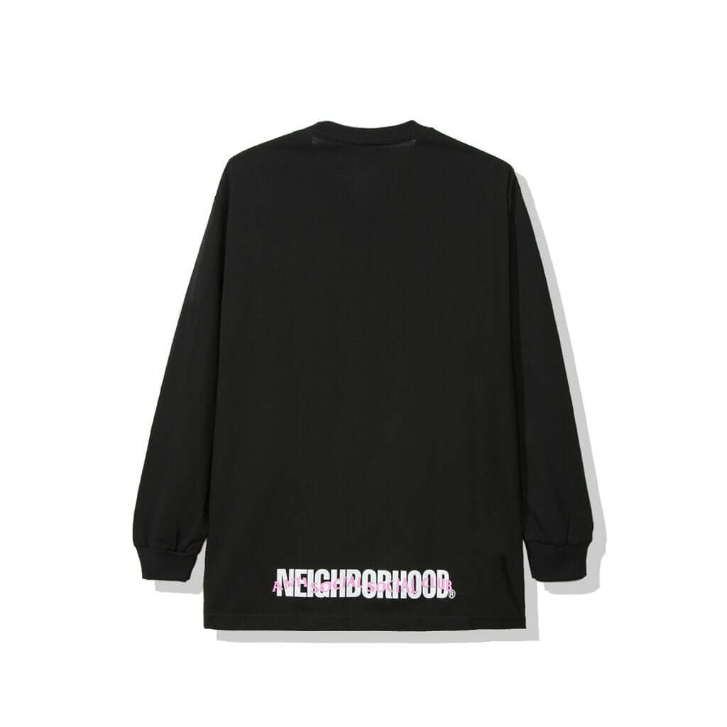 Back view of the ASSC x Neighborhood Black Jack L/S Tee featuring bold Neighborhood branding.