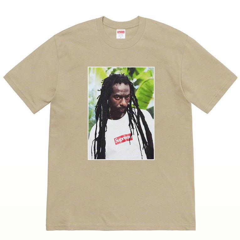 Image of Supreme Buju Banton Tee featuring a graphic of Buju Banton with long dreadlocks wearing a Supreme shirt.