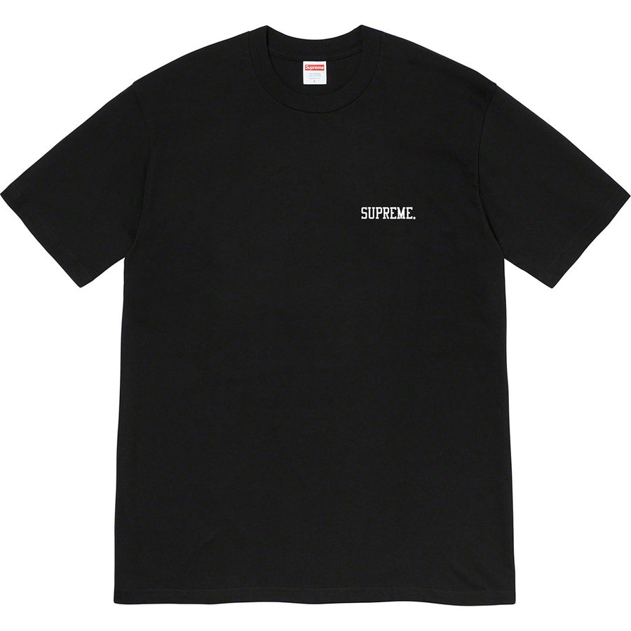 Supreme black tee featuring the Supreme logo on the front, perfect for casual wear and contemporary art lovers.