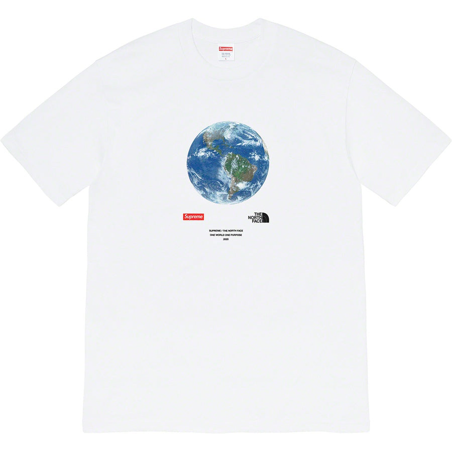 Supreme x The North Face One World Tee - White featuring globe graphic design on a classic white t-shirt.
