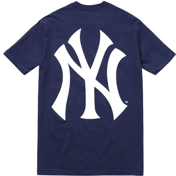 Back view of the Supreme Yankee Box Logo Tee featuring a large white New York Yankees logo on a navy background.