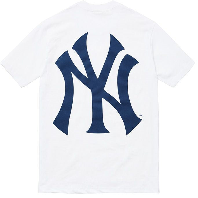 Supreme Yankee Box Logo Tee featuring a large navy Yankee logo on the back of a white t-shirt.