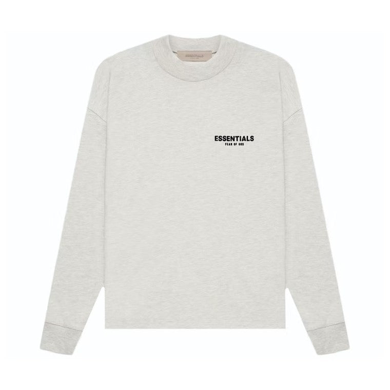 Fear of God Essentials Logo L/S Tee SS22 in a light gray color with black logo