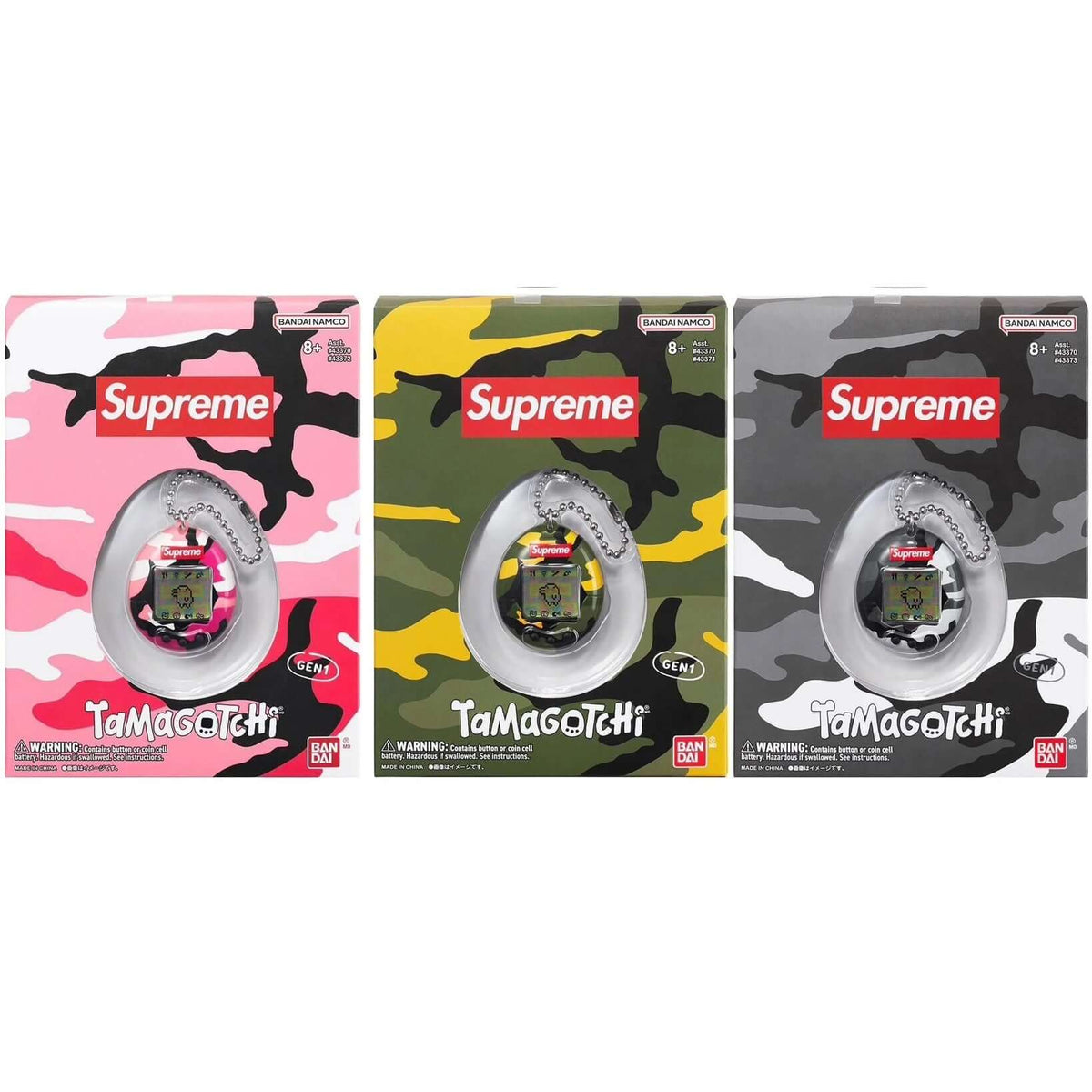 Supreme x Tamagotchi in pink, yellow, and gray camo packaging showcasing the collaboration between Supreme and Bandai.