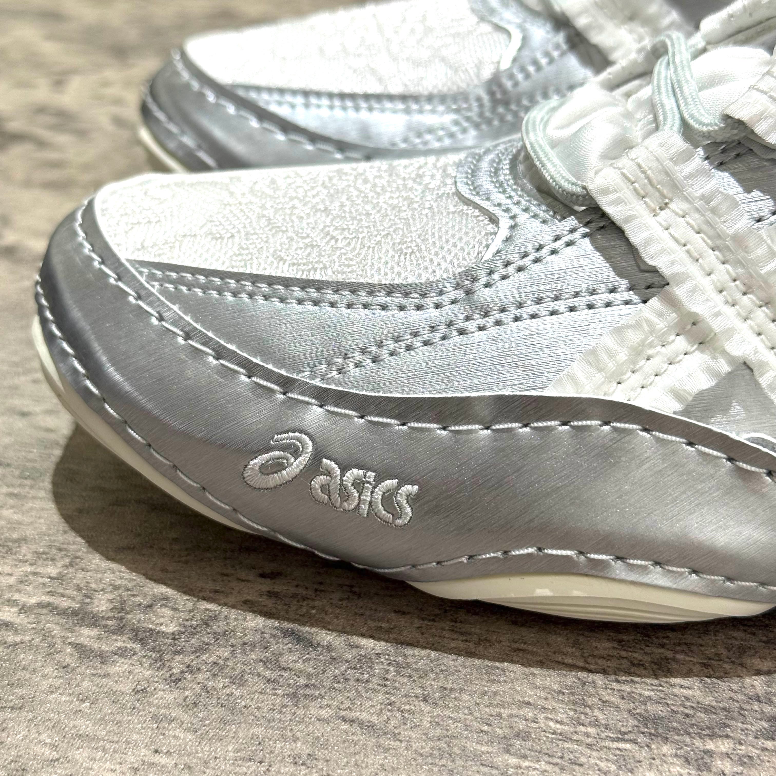 Asics x Empty Behavior Hypersync in Pure Silver White showing close-up details of the sneaker design.