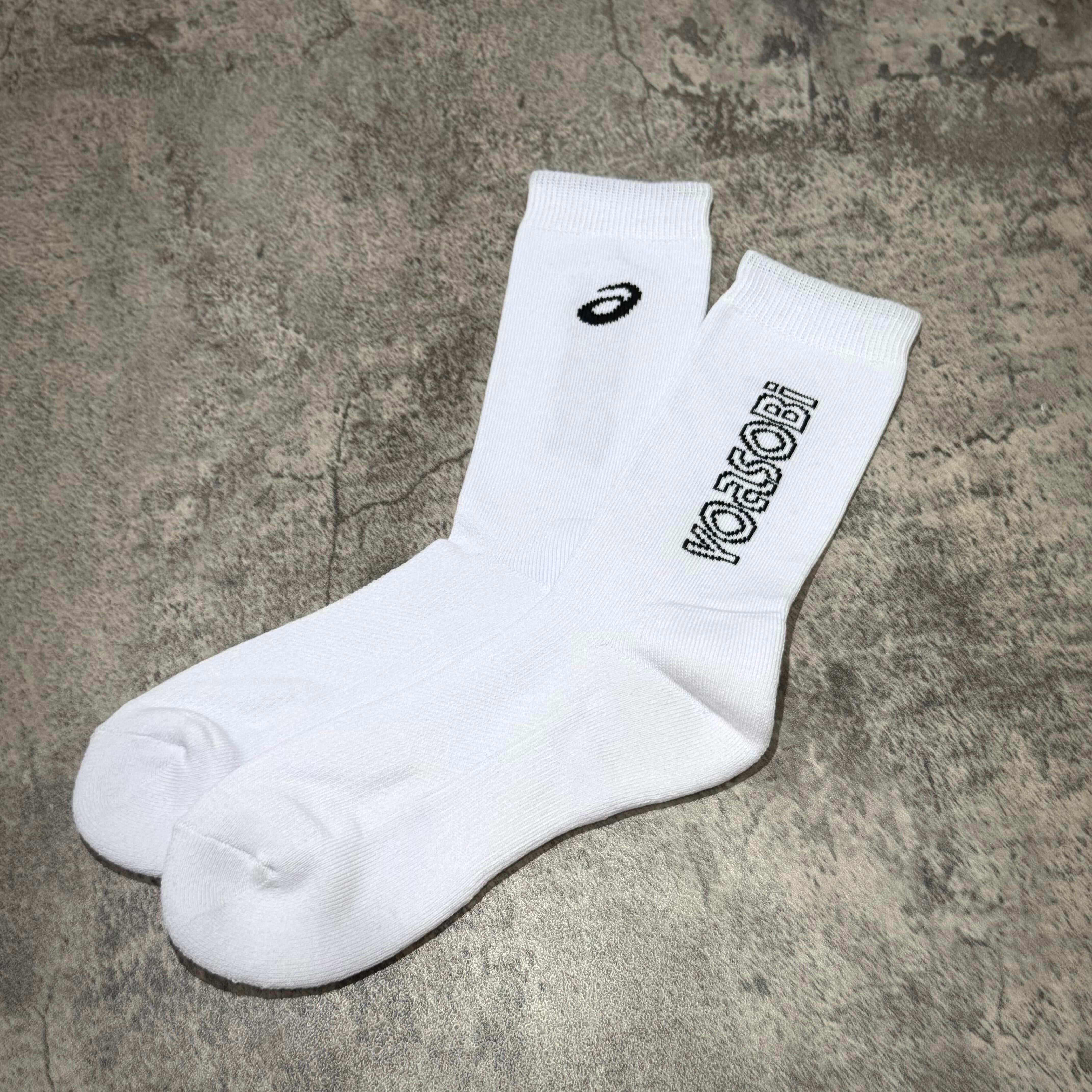 Yoasobi x Asics Logo Socks featuring a white design with Yoasobi text and Asics logo