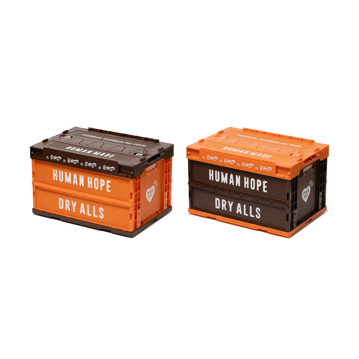 Image of two Human Hope Container 50L in orange and black, labeled 'HUMAN HOPE DRY ALLS'.