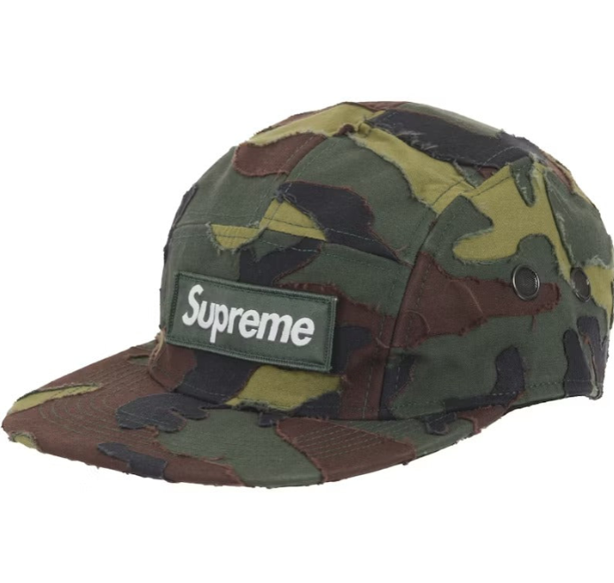 Supreme Layered Camo Camp Cap featuring a stylish camouflage design and the iconic Supreme logo on the front.