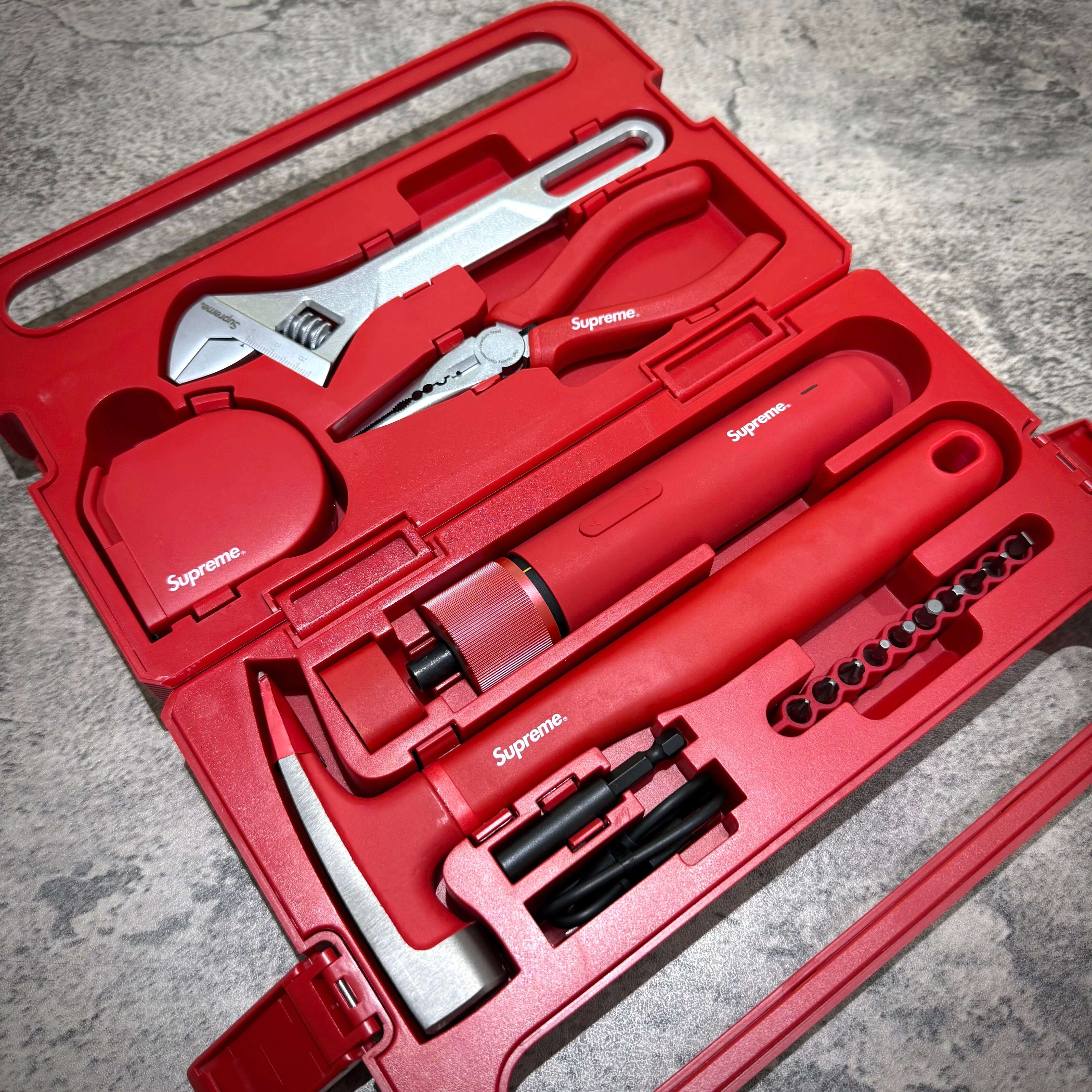 Supreme x Hoto 5-Piece Tool Set featuring various tools in a red case with printed logos.