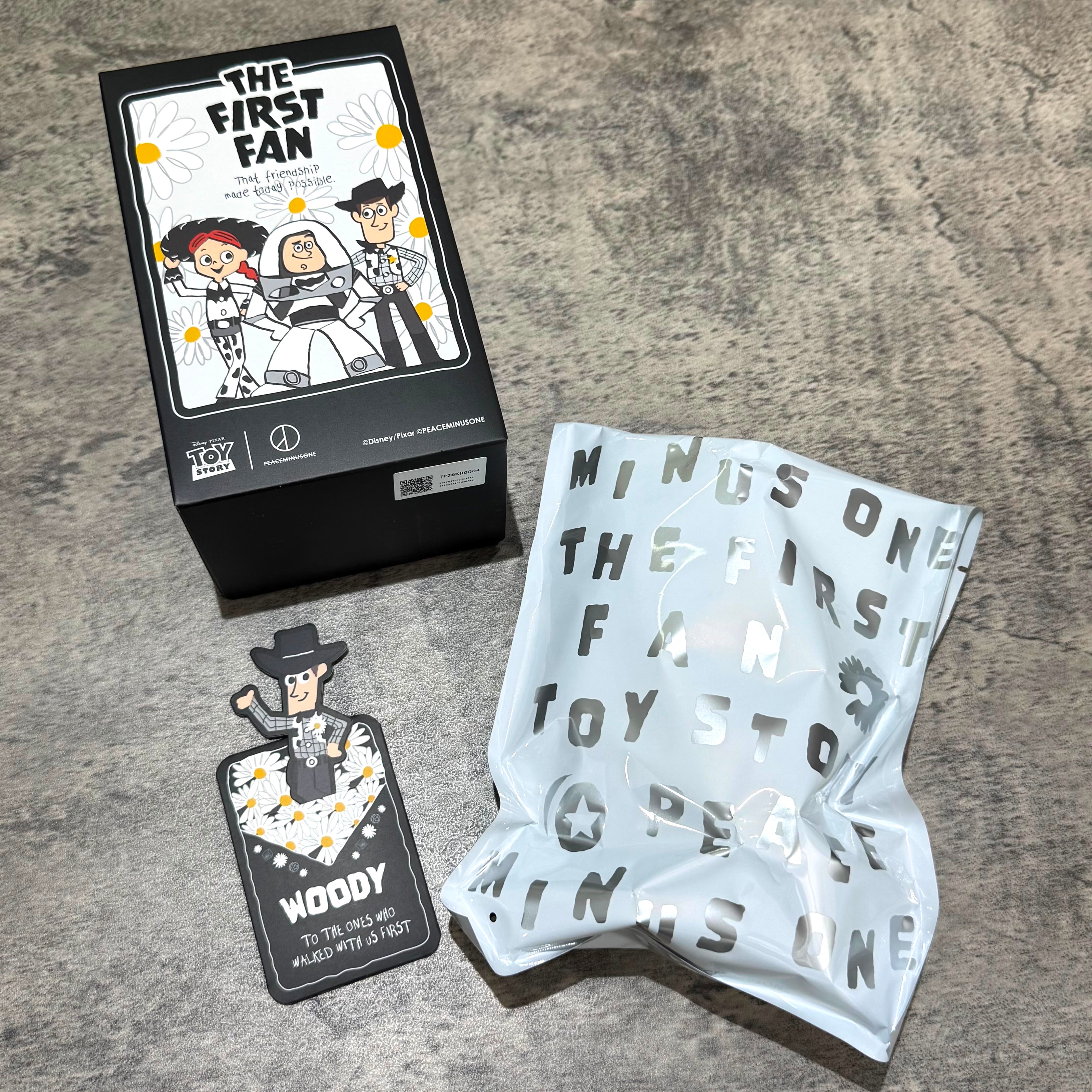 PEACEMINUSONE x Toy Story The First Fan - Blind Box Plush Key Ring Packaging and Woody Tag