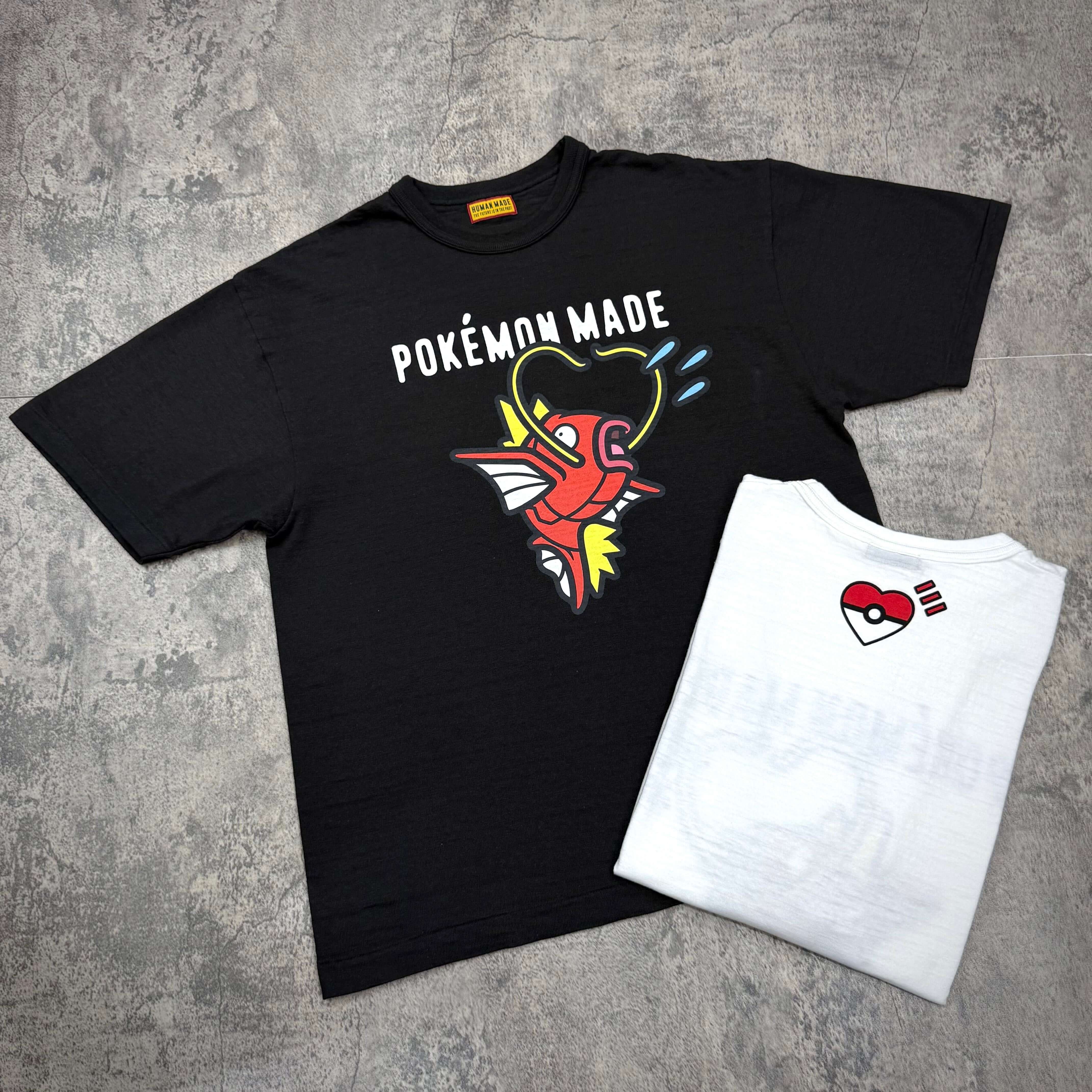 Human Made x Pokemon Graphic Tee featuring Magikarp design in black with white shirt showing Pokeball logo.
