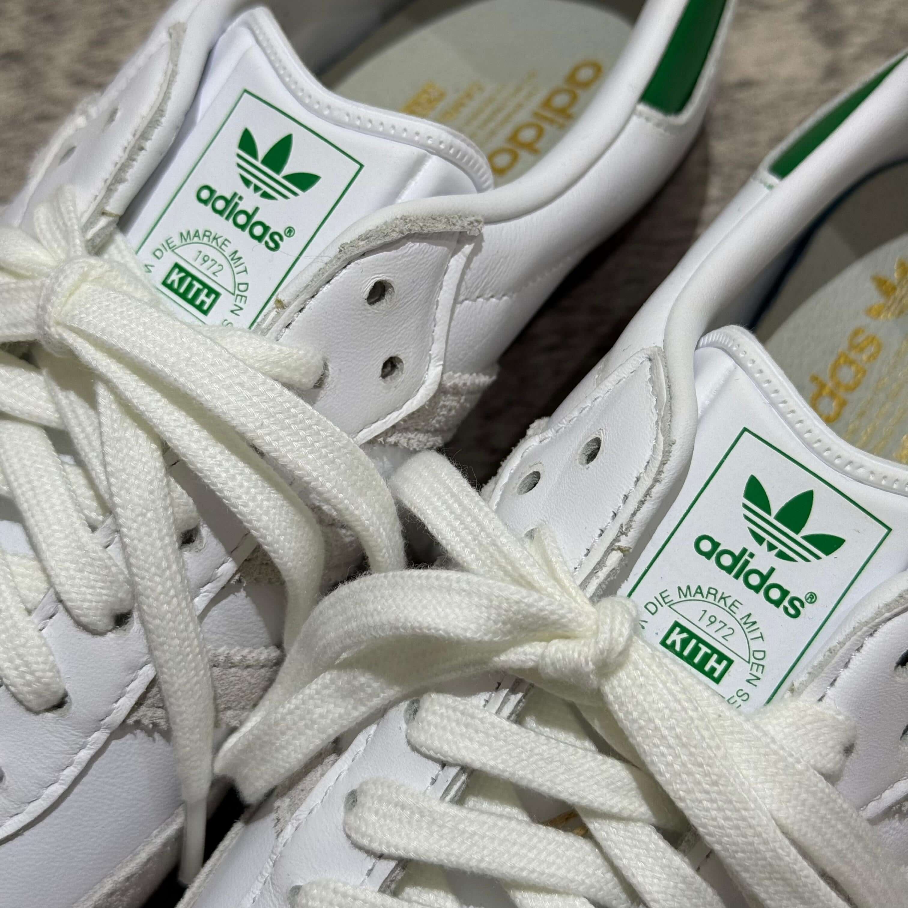 Kith Classic x Adidas Original Samba OG - White / Green sneakers with green logo and laces, close-up detail.