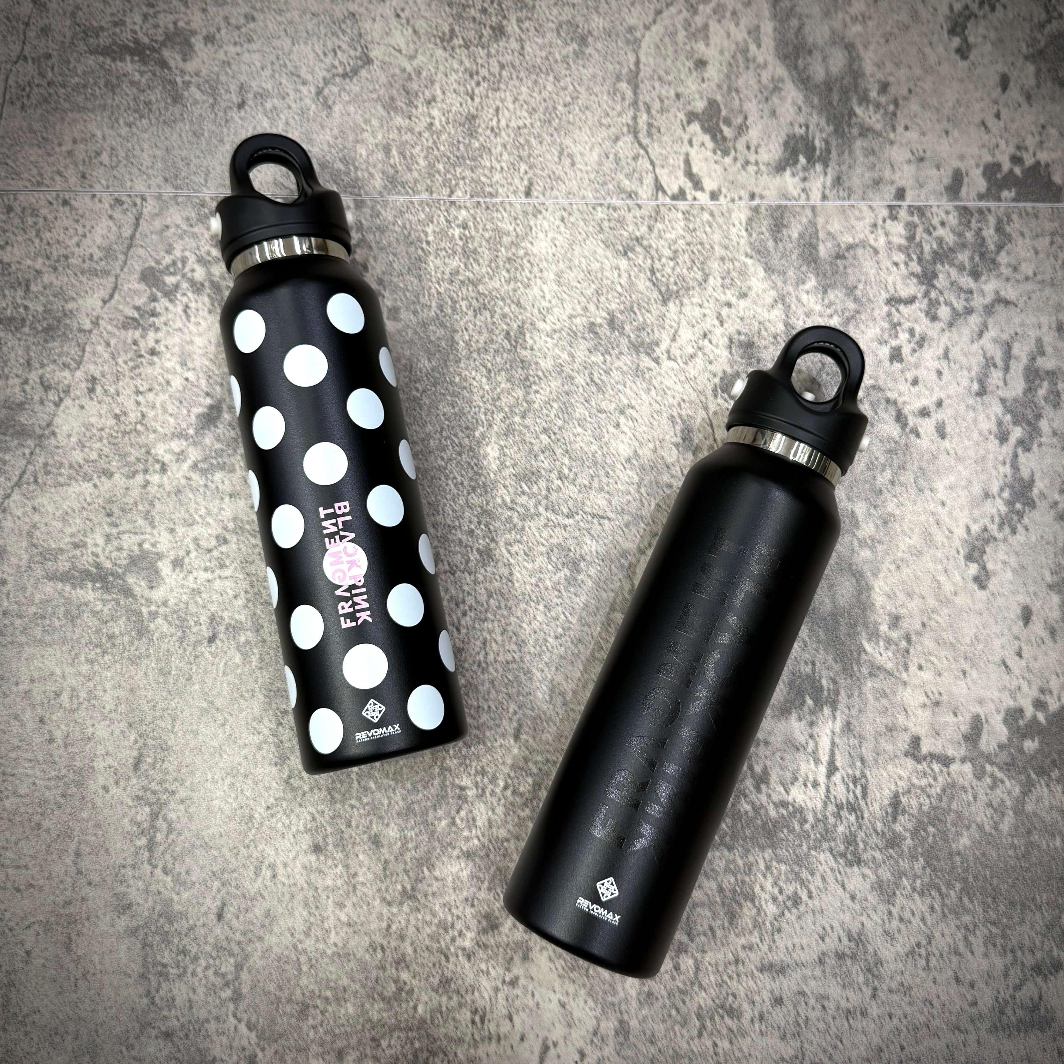 Fragment x Blackpink REVOMAX 16oz Carbonated Tumbler featuring a polka dot design and sleek black finish.