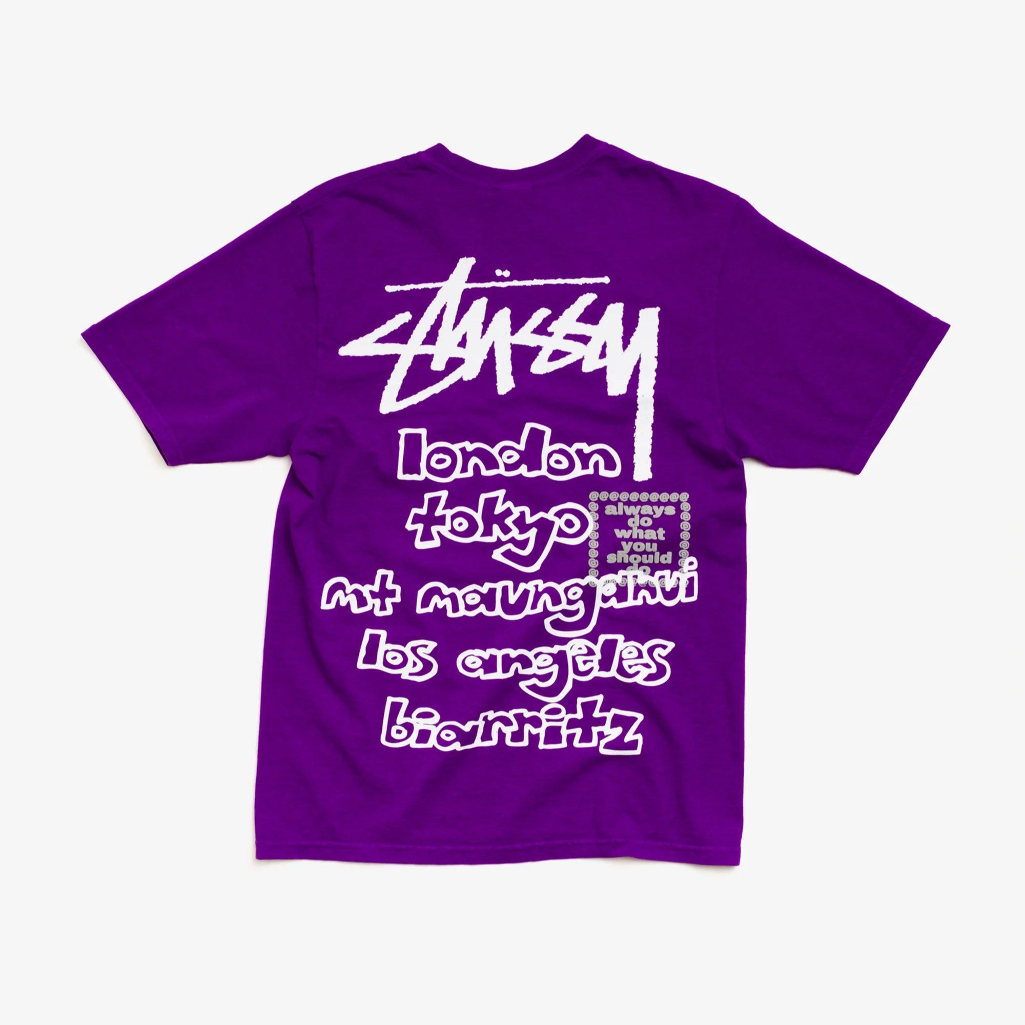 Stussy x Always Do What You Should Do World Tour Tee in purple featuring city names on the back.
