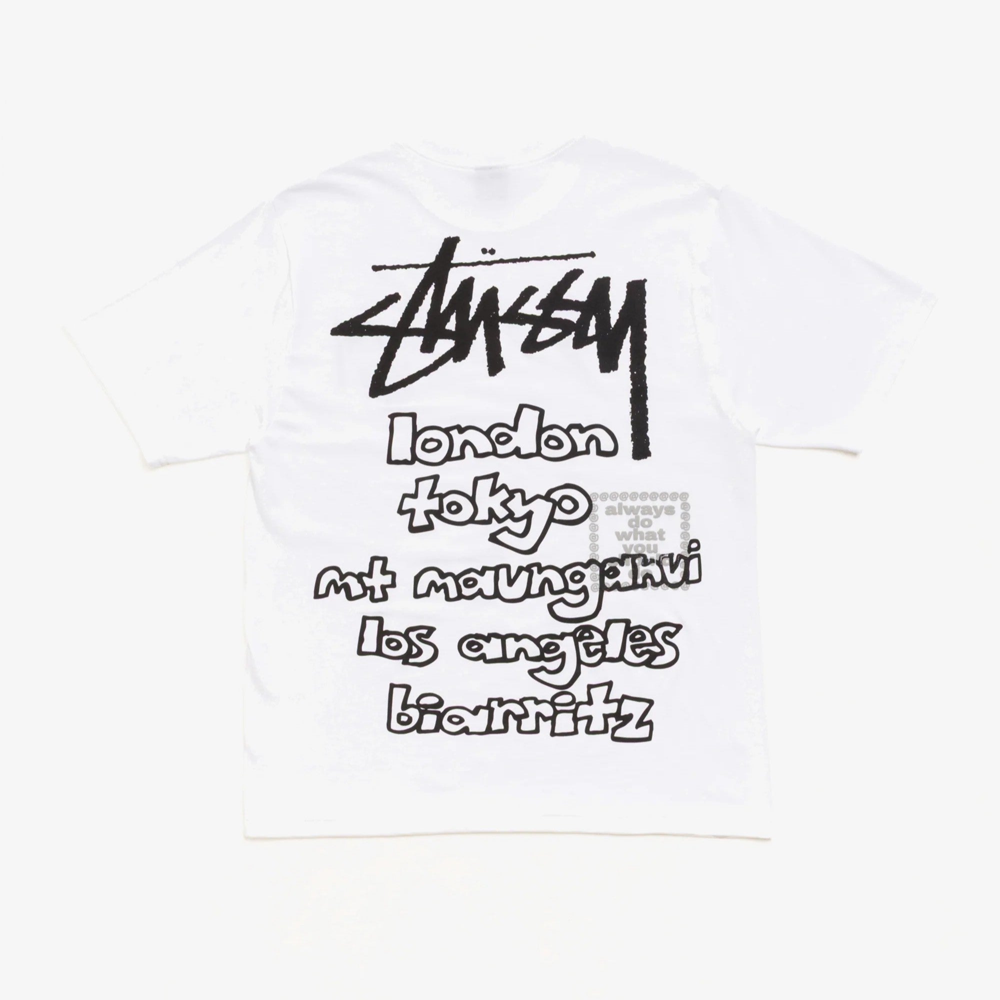 Stussy x Always Do What You Should Do World Tour Tee featuring international city names on the back in a bold design.