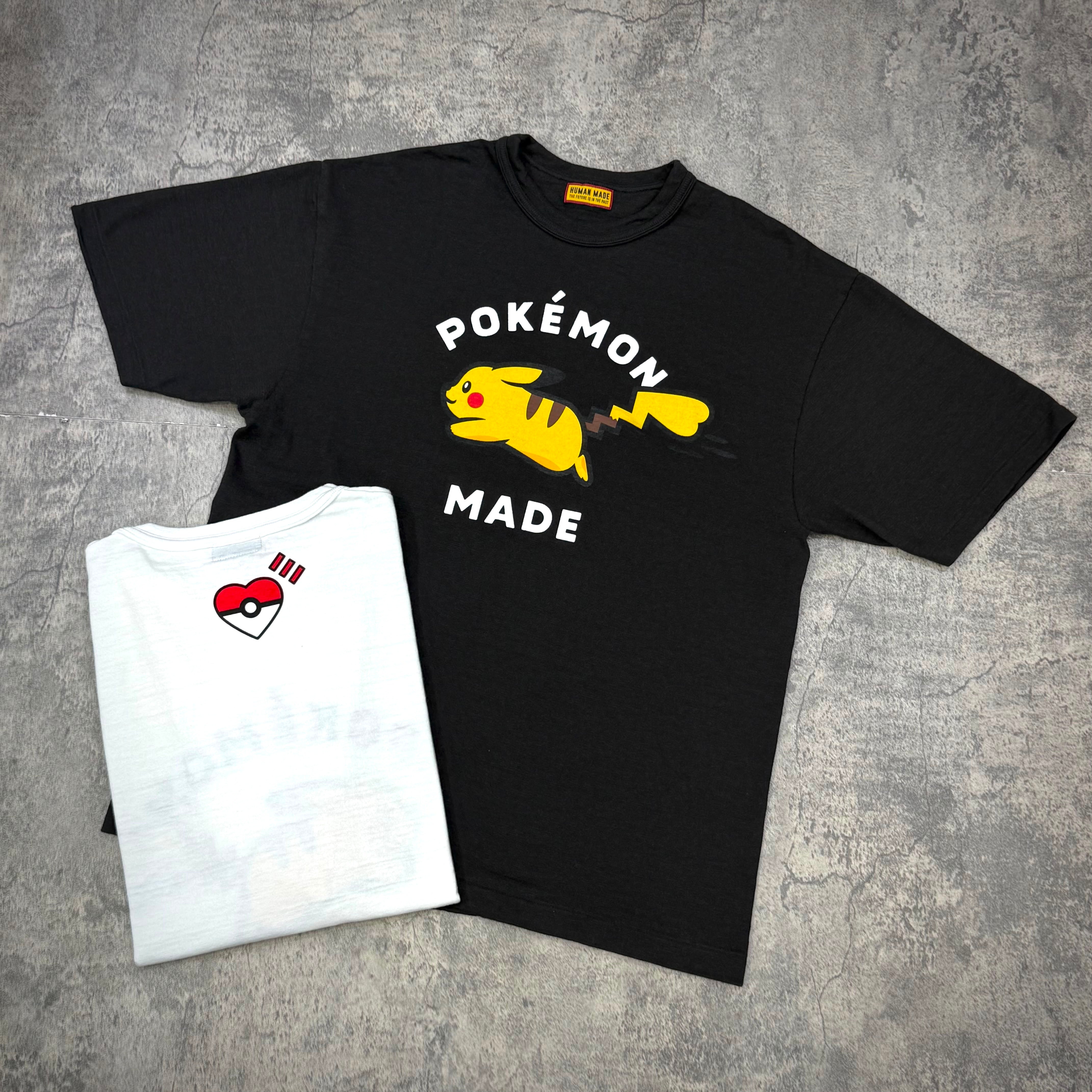 Human Made x Pokemon Graphic Tee featuring Pikachu design on a black t-shirt with a white tee underneath.