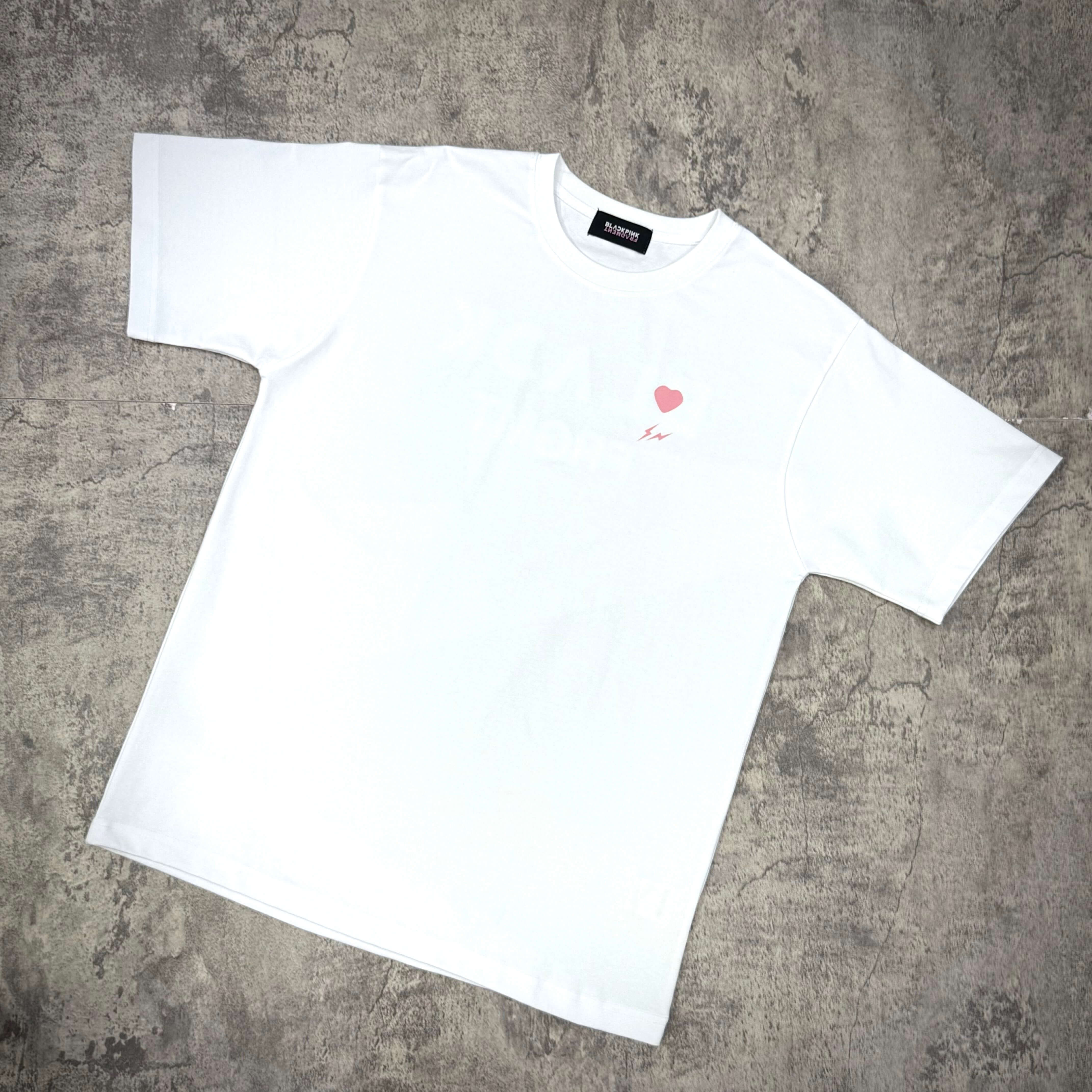 Fragment x Blackpink BLACKFRGMT Tee in white, featuring a heart graphic and short sleeves, perfect for casual wear.