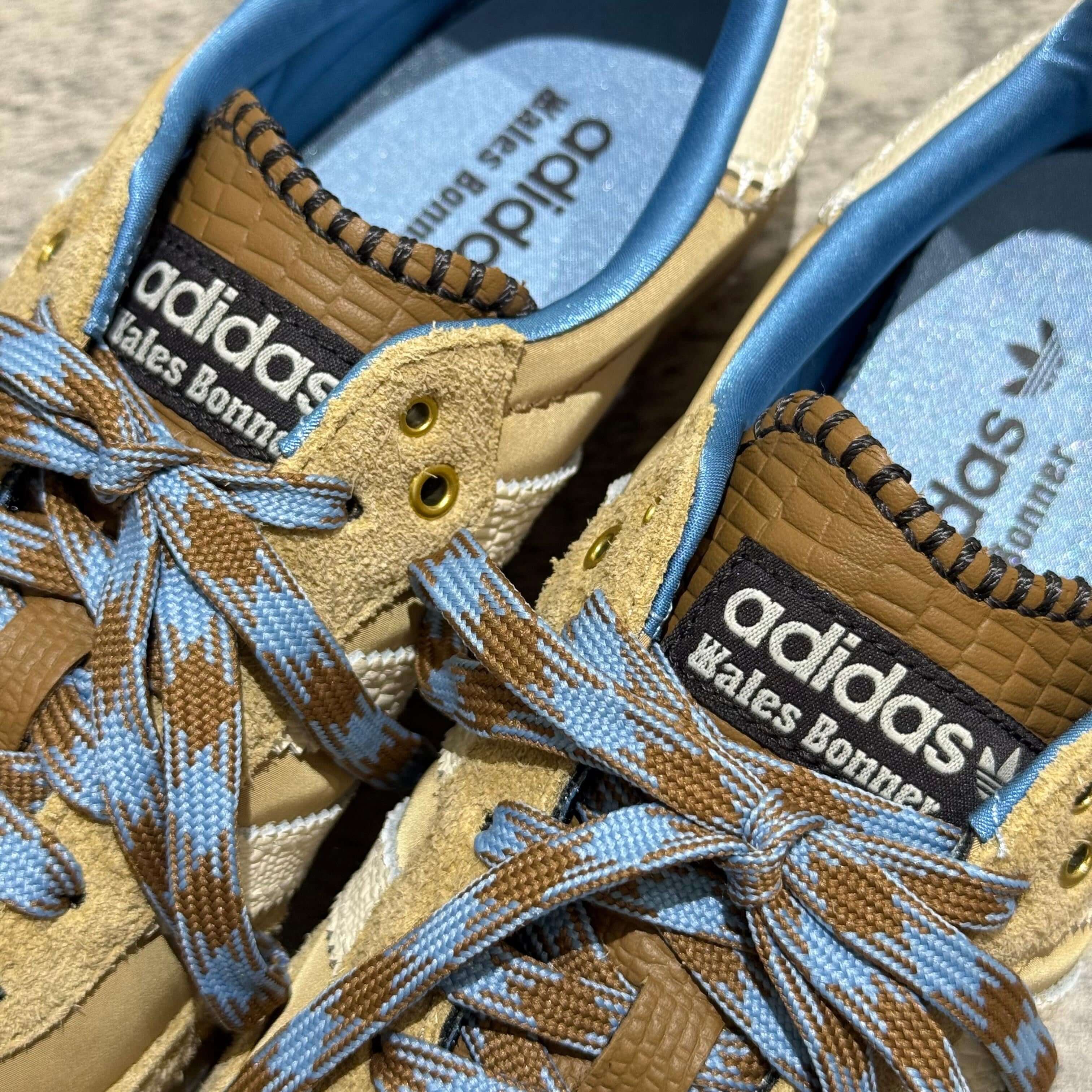 Wales Bonner x Adidas Originals Samba Nylon - Desert White close-up of shoes detailing colors and textures.