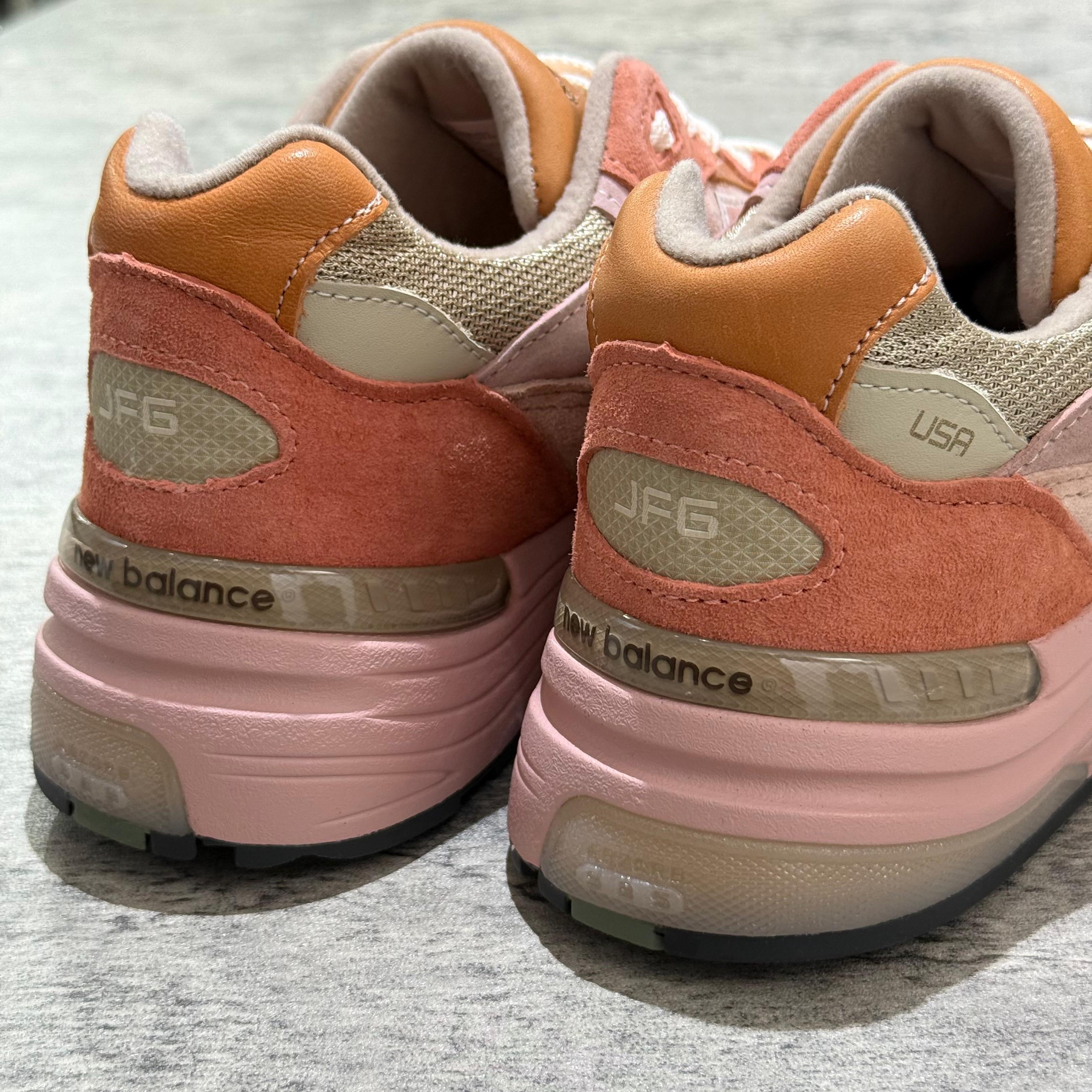 Joe Freshgoods x New Balance Made in USA 992 sneakers in pink and orange with JFG logo on the heel.