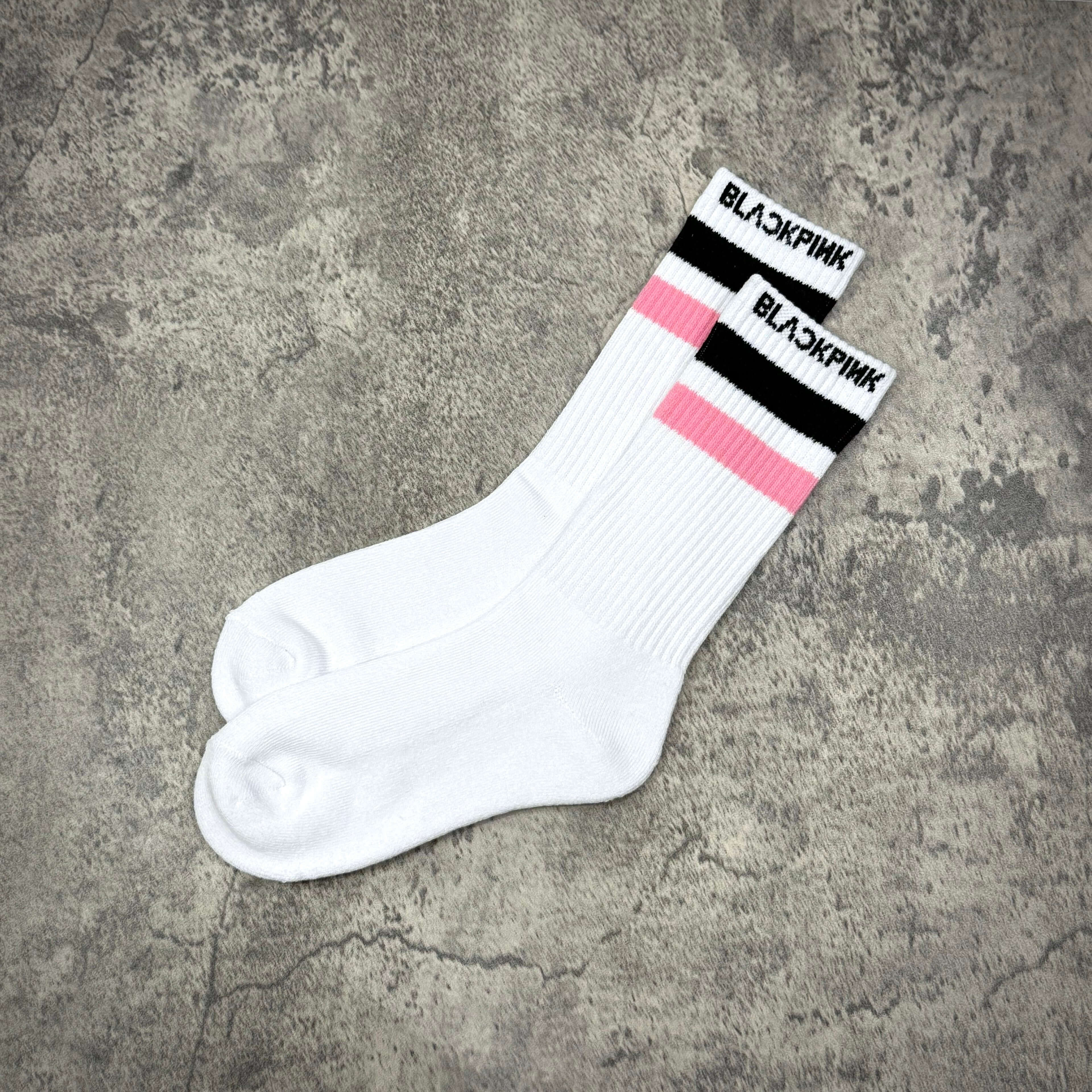 Fragment x Blackpink Socks featuring white fabric with pink and black stripes, stylish and comfortable for everyday wear.