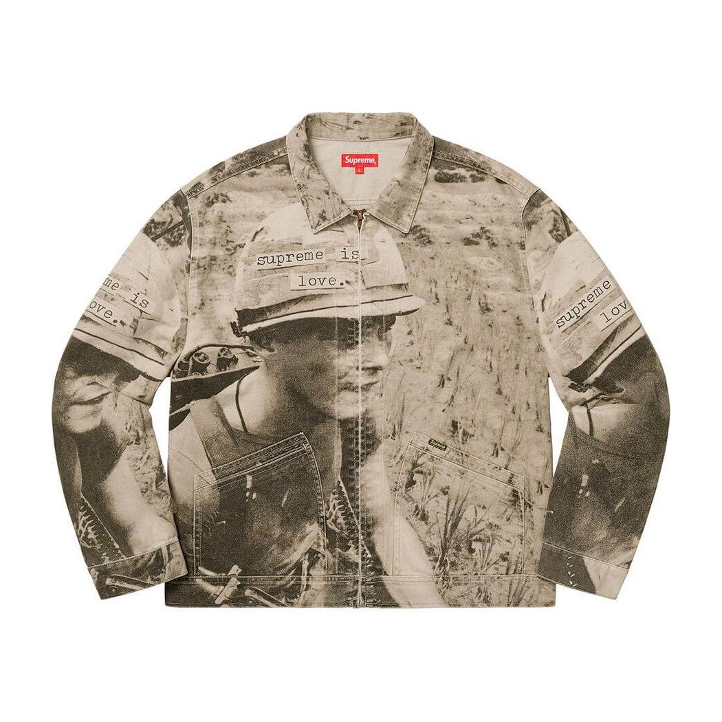 Supreme Is Love Denim Work Jacket - Tan featuring a photo print design and bold text.