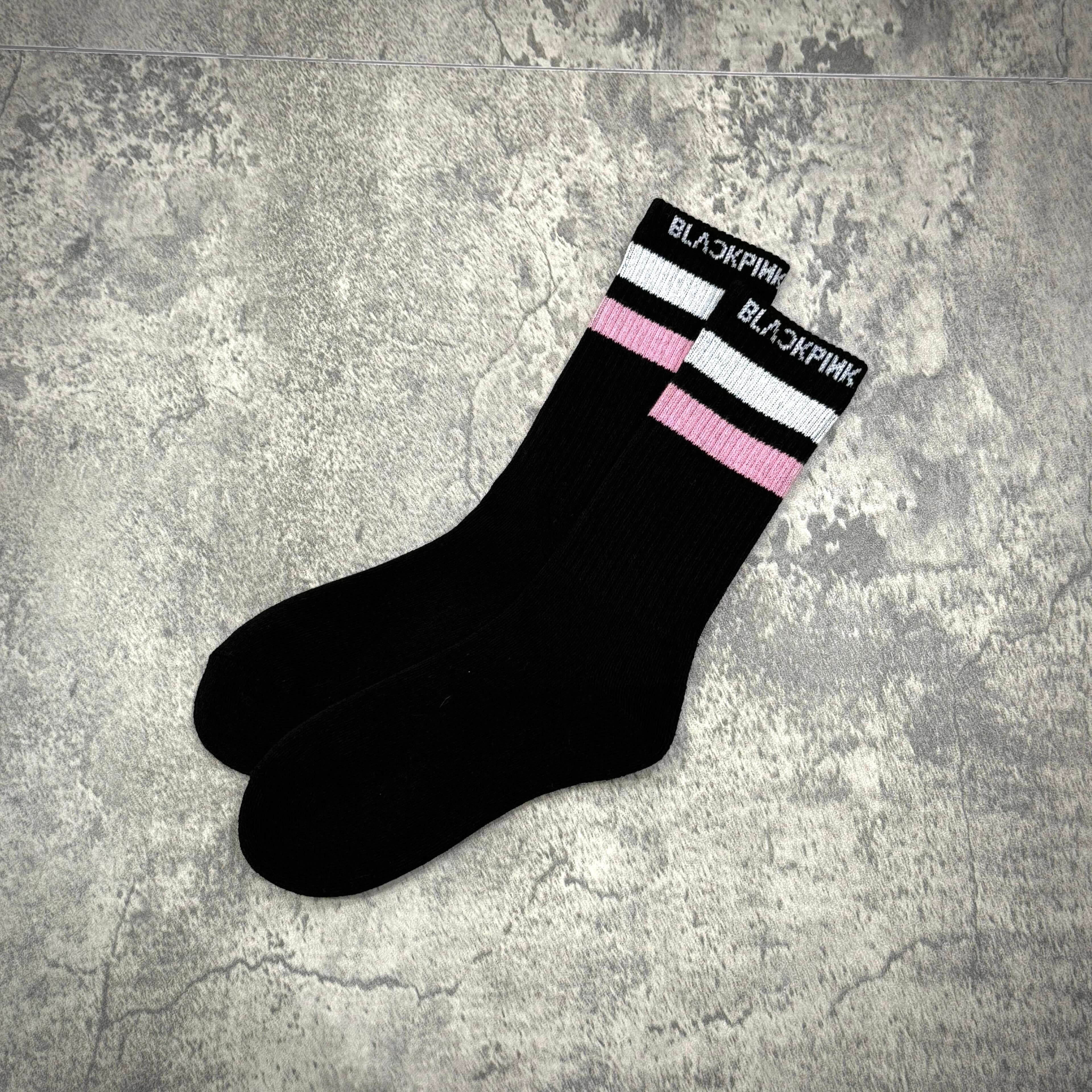 Fragment x Blackpink Socks featuring a black base with pink and white stripes at the top, stylish and trendy.