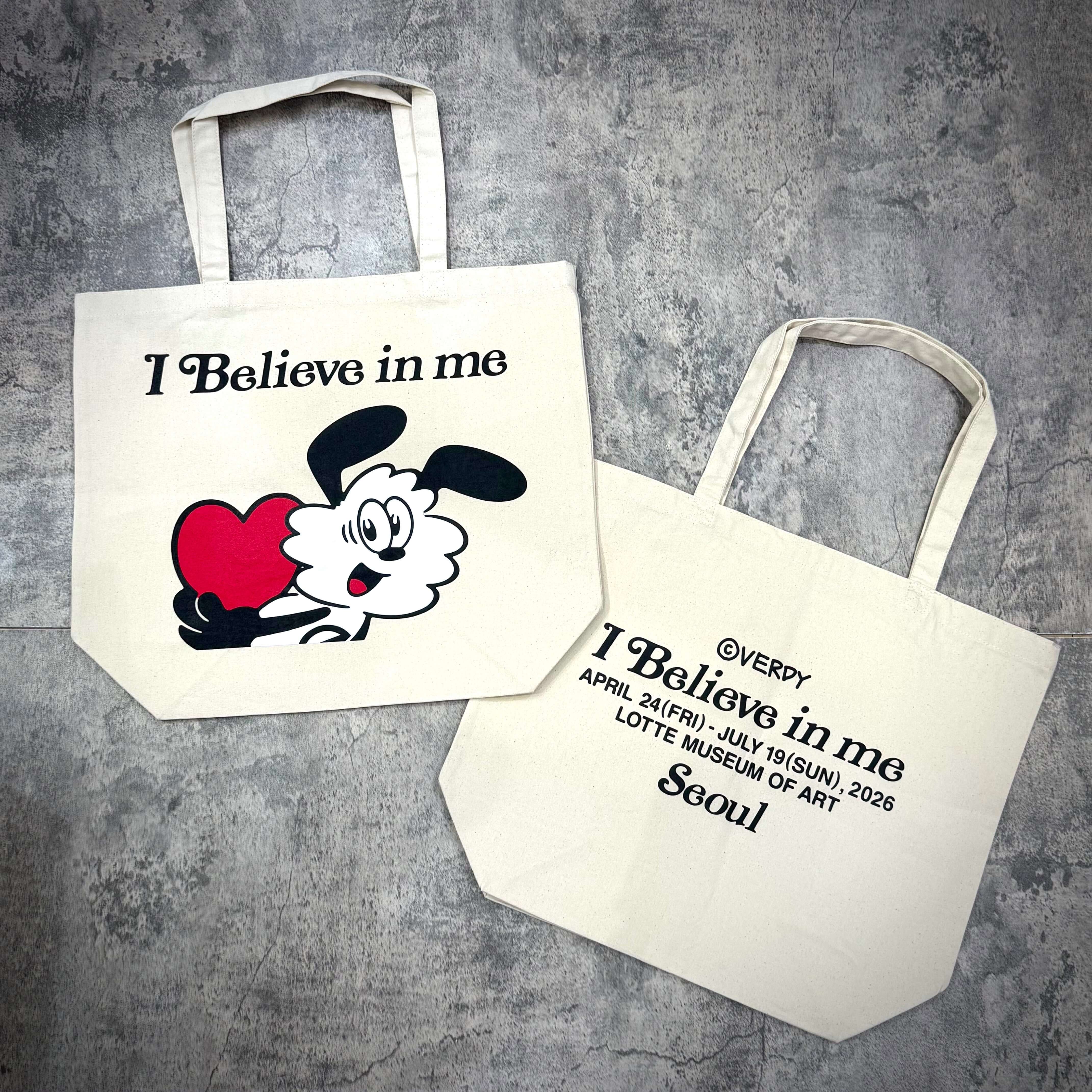Verdy I Believe in me Tote Bag featuring playful art, perfect for carrying daily essentials.