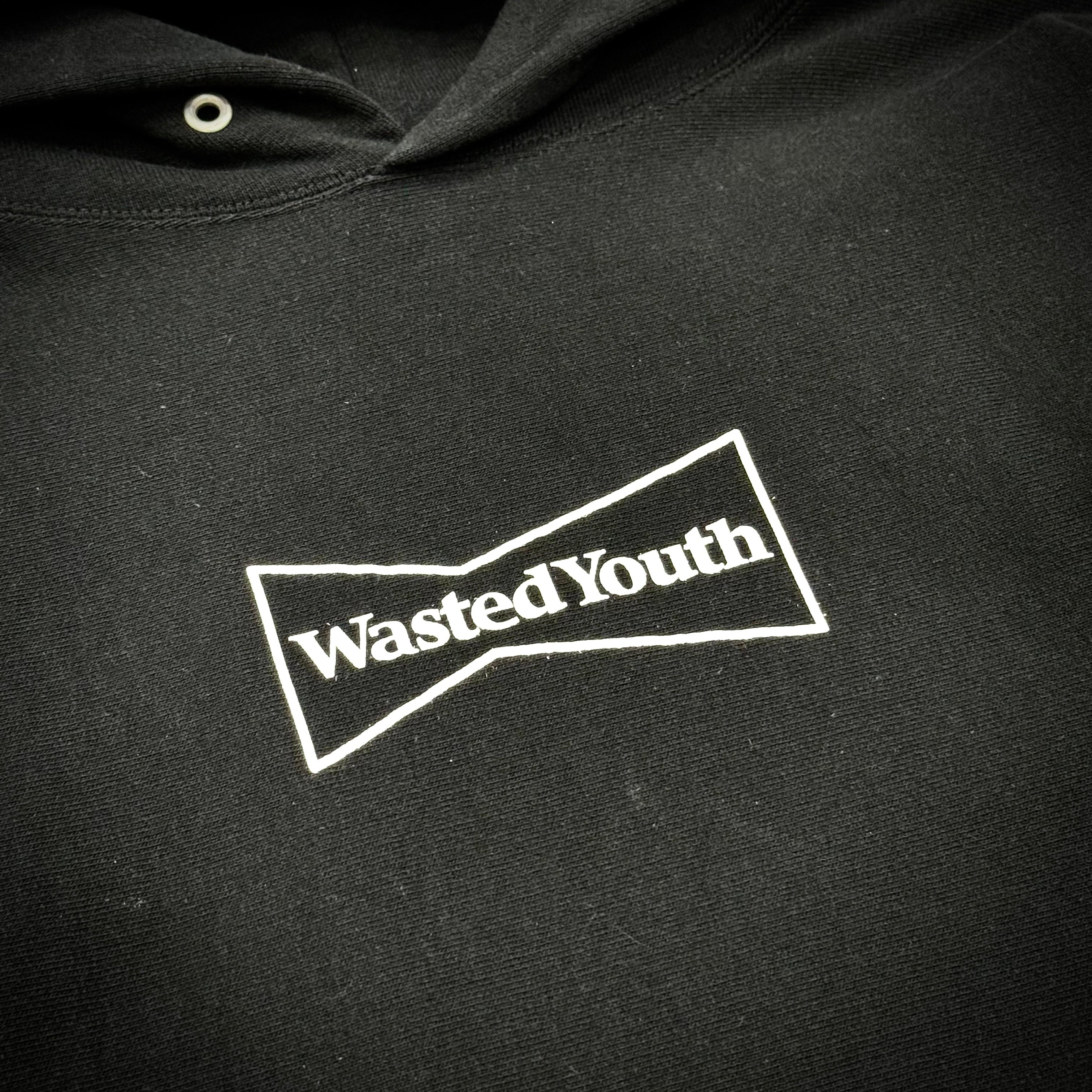 Wasted Youth Hoodie - Black close-up featuring the logo on the front.