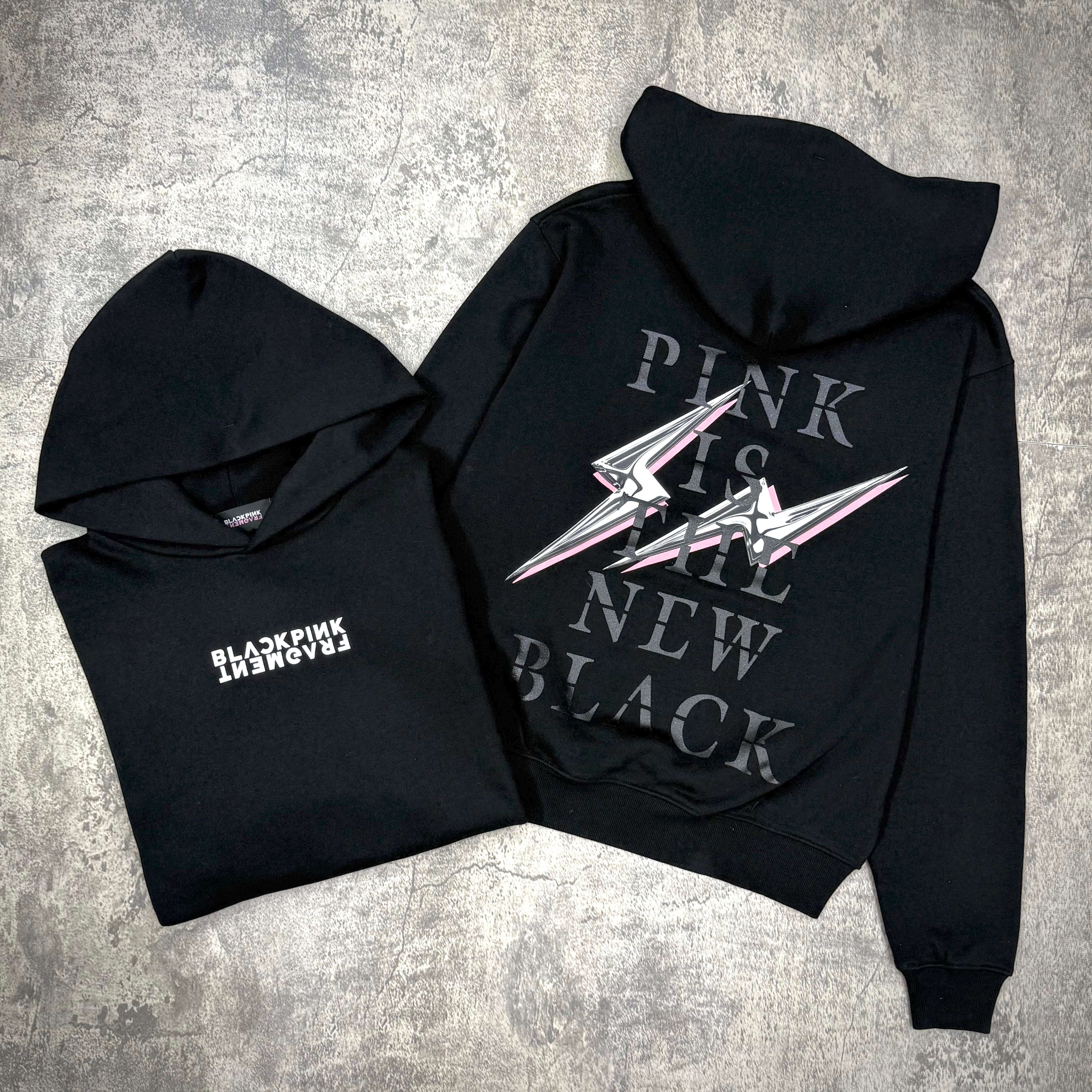 Fragment x Blackpink Thunder Hoodie featuring bold graphic design in black and pink.