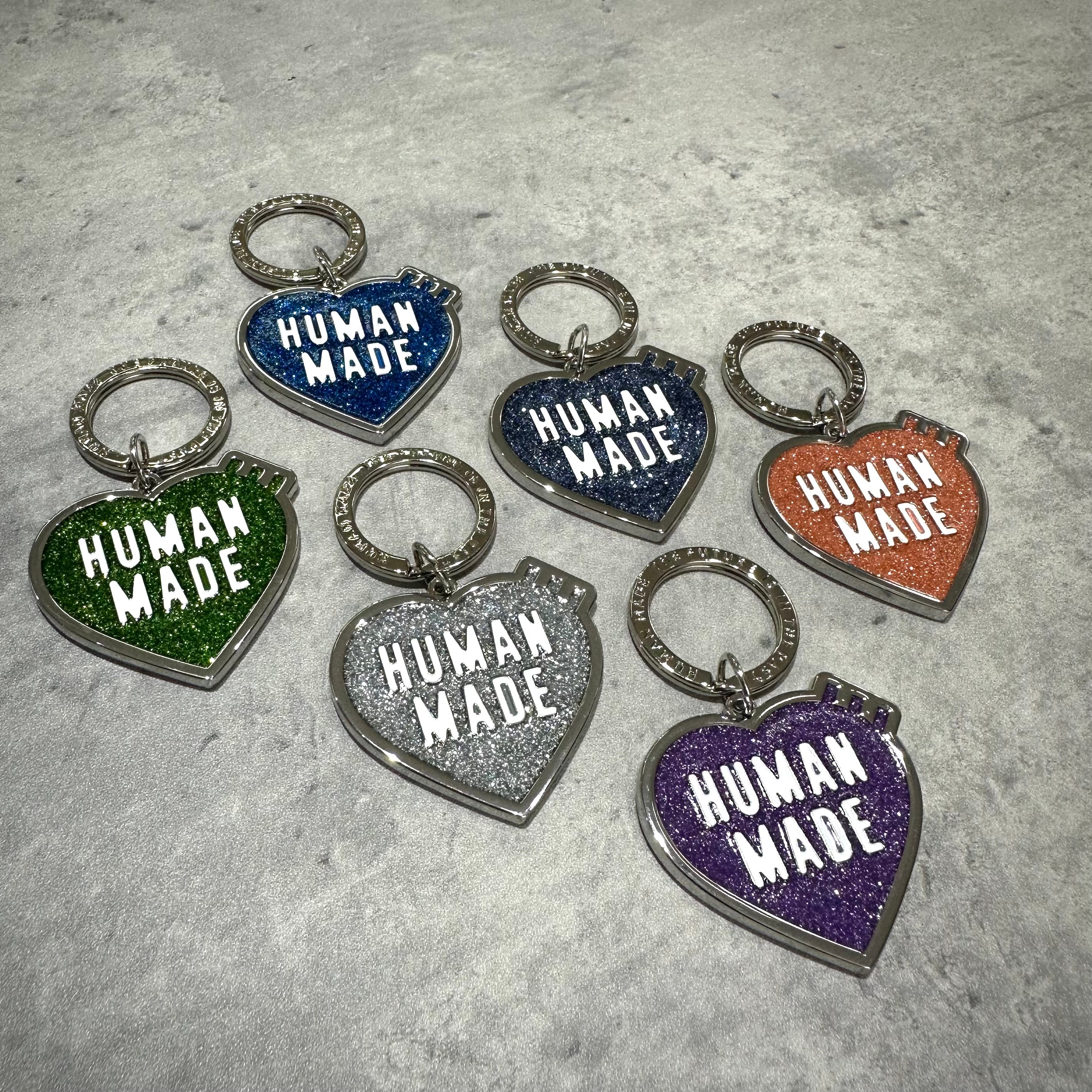 Human Made Store Exclusive Heart Keychain collection featuring various colored glitter designs.