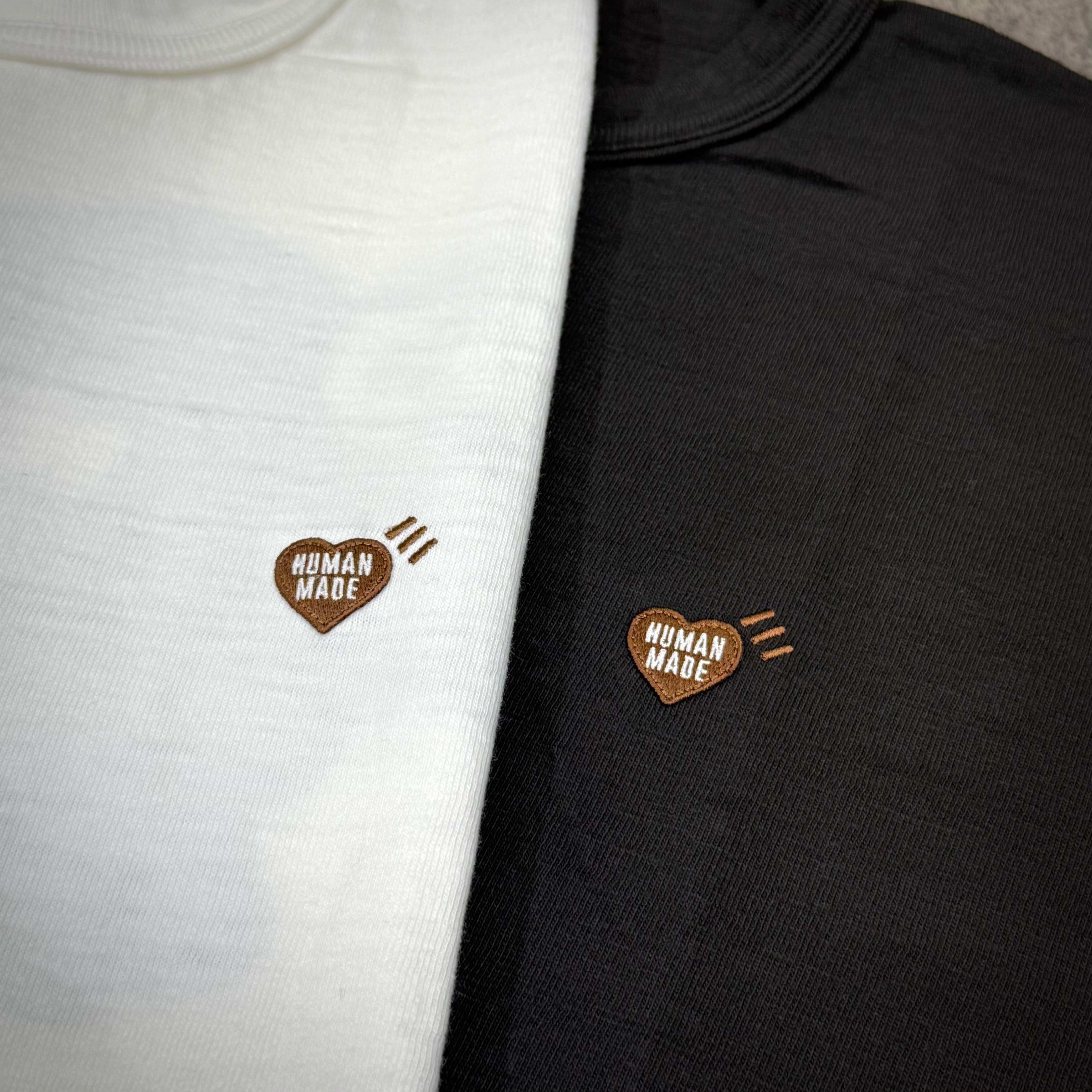 Human Made Kobe Exclusive Bull Back Logo Tee featuring a white and black shirt with embroidered Human Made logo.