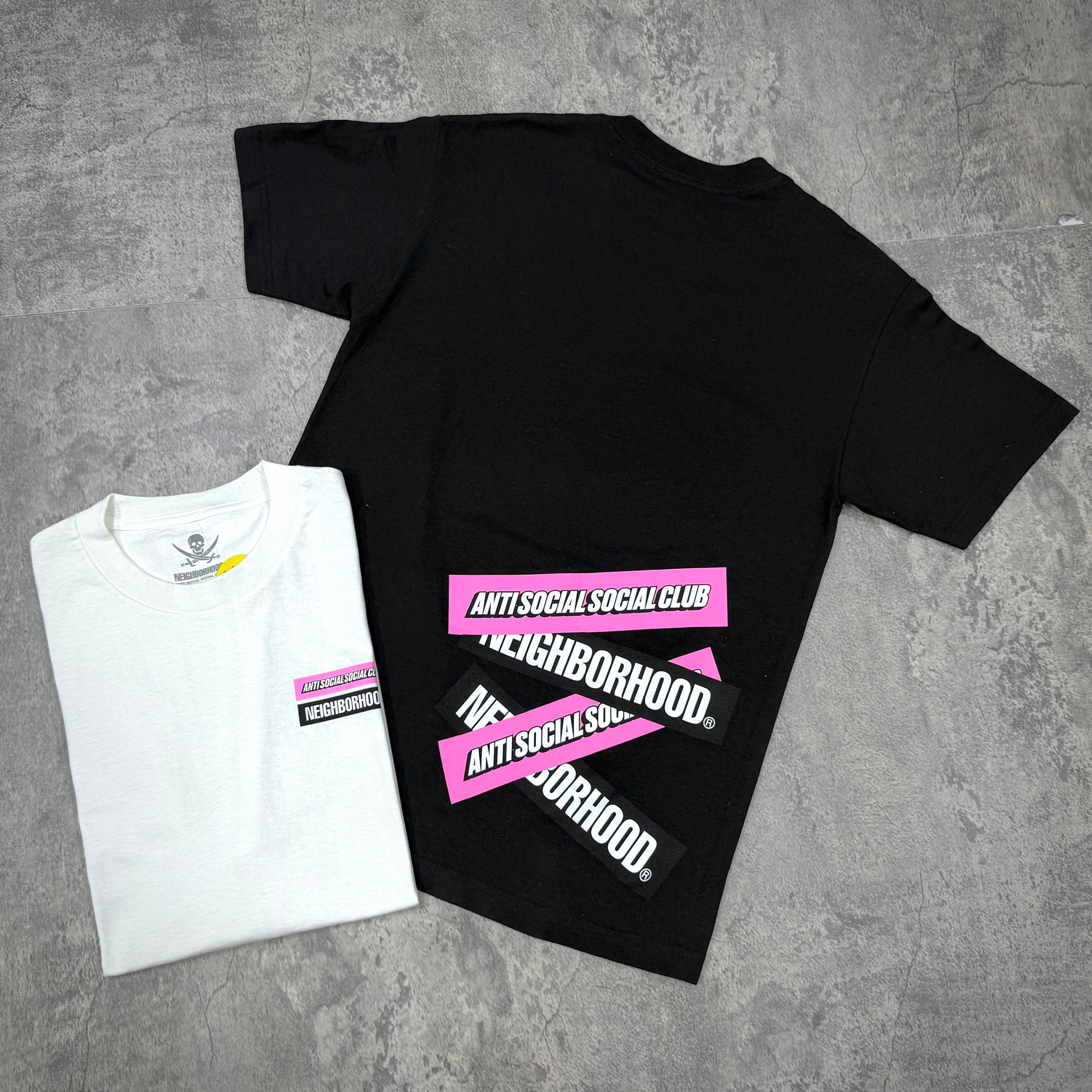 ASSC x Neighborhood Stuck On You Tee - Black / White displayed from the back and front on a gray background.