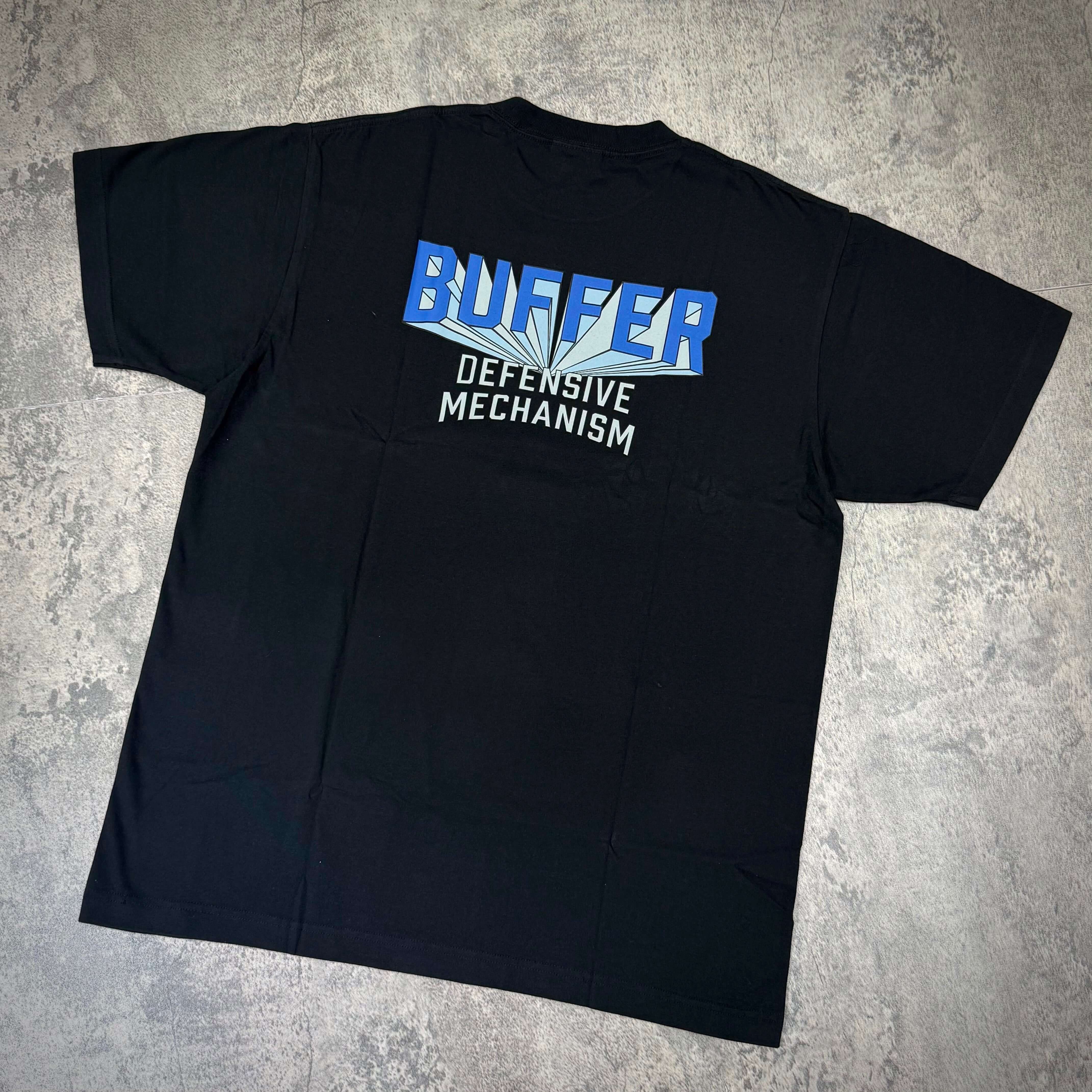 Buffer Gravity Tee - Black t-shirt featuring 'BUFFER DEFENSIVE MECHANISM' graphic on back.