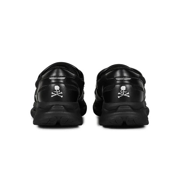 Back view of black Mastermind World x Moisthrough 360 Hobalips sneakers featuring skull logo.