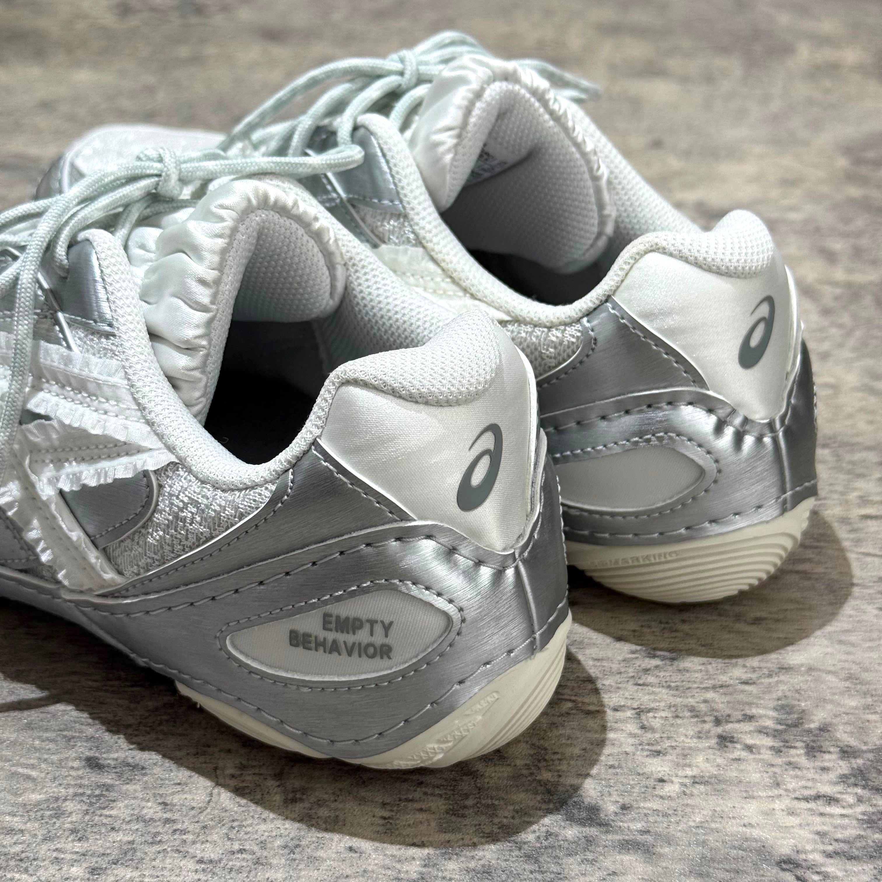 Asics x Empty Behavior Hypersync in Pure Silver White showing the unique heel design and logo detail