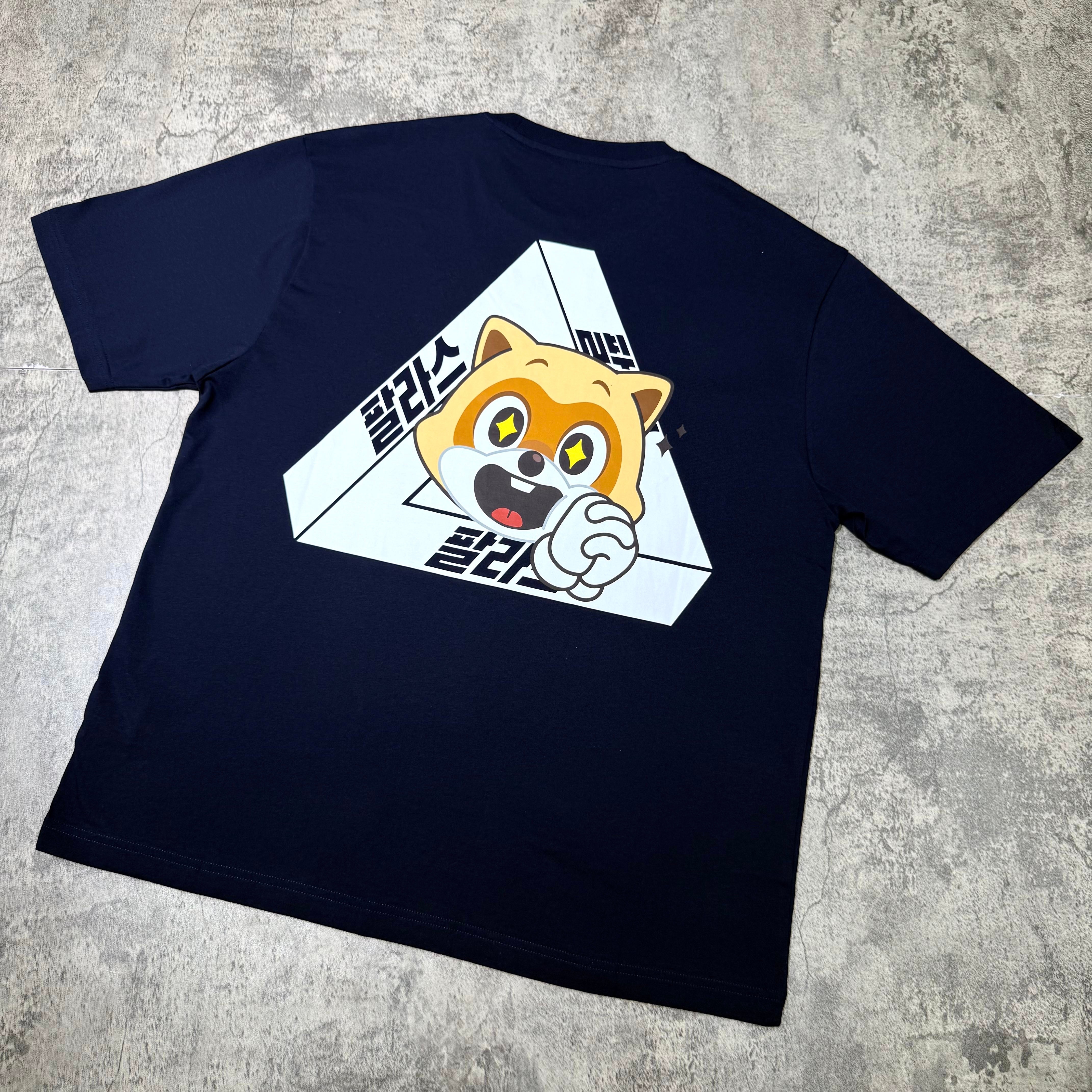 Palace Jamsil Exclusive Lotte Tri-ferg Tee with cartoon character graphic on navy background.