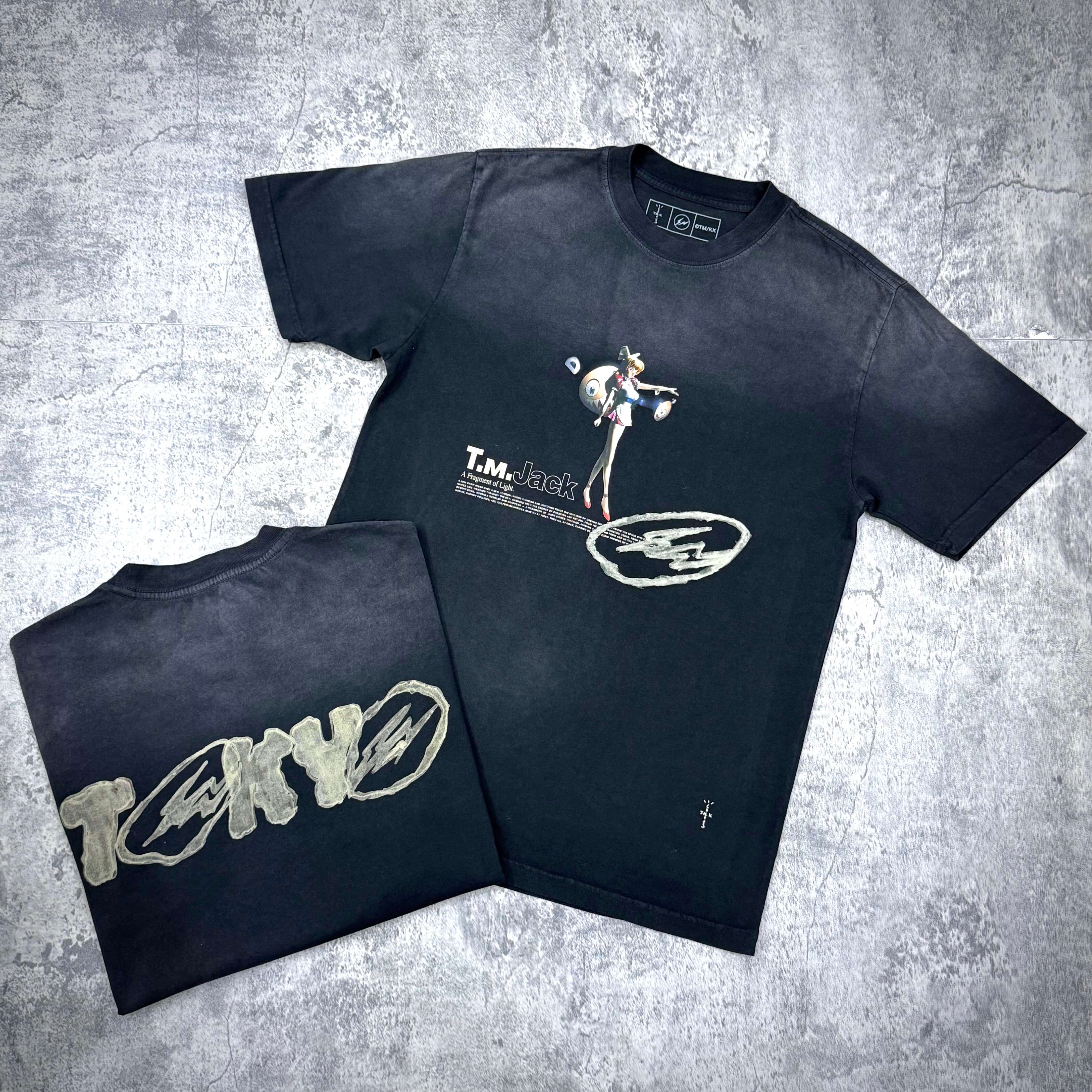 Cactus Jack x Fragment x Takashi Murakami Tokyo Jack Tee displayed in front and back view on a textured background.