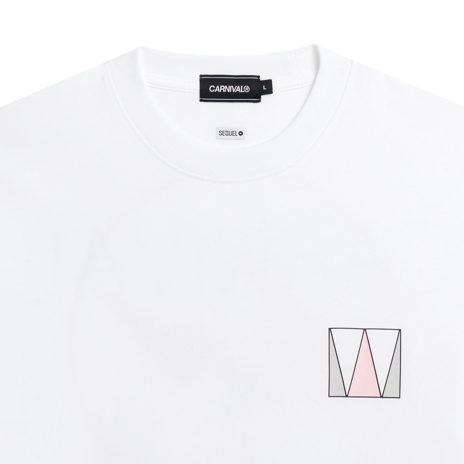 Carnival x Weekend Sequel x Fragment OVS Tee featuring a minimalist design with geometric shapes and logo on a white background.