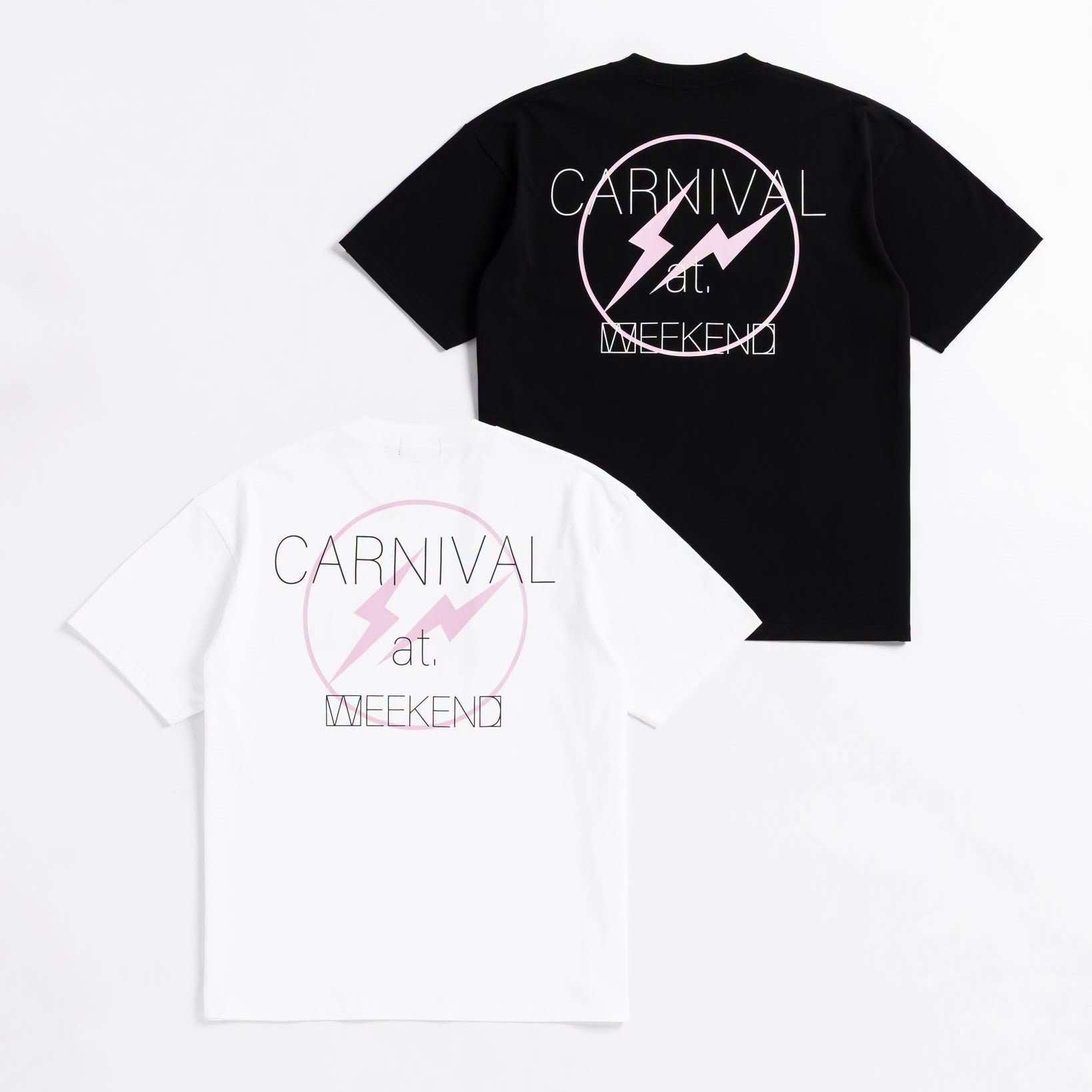 Carnival x Weekend Sequel x Fragment OVS Tee in black and white colors featuring logo design on back.