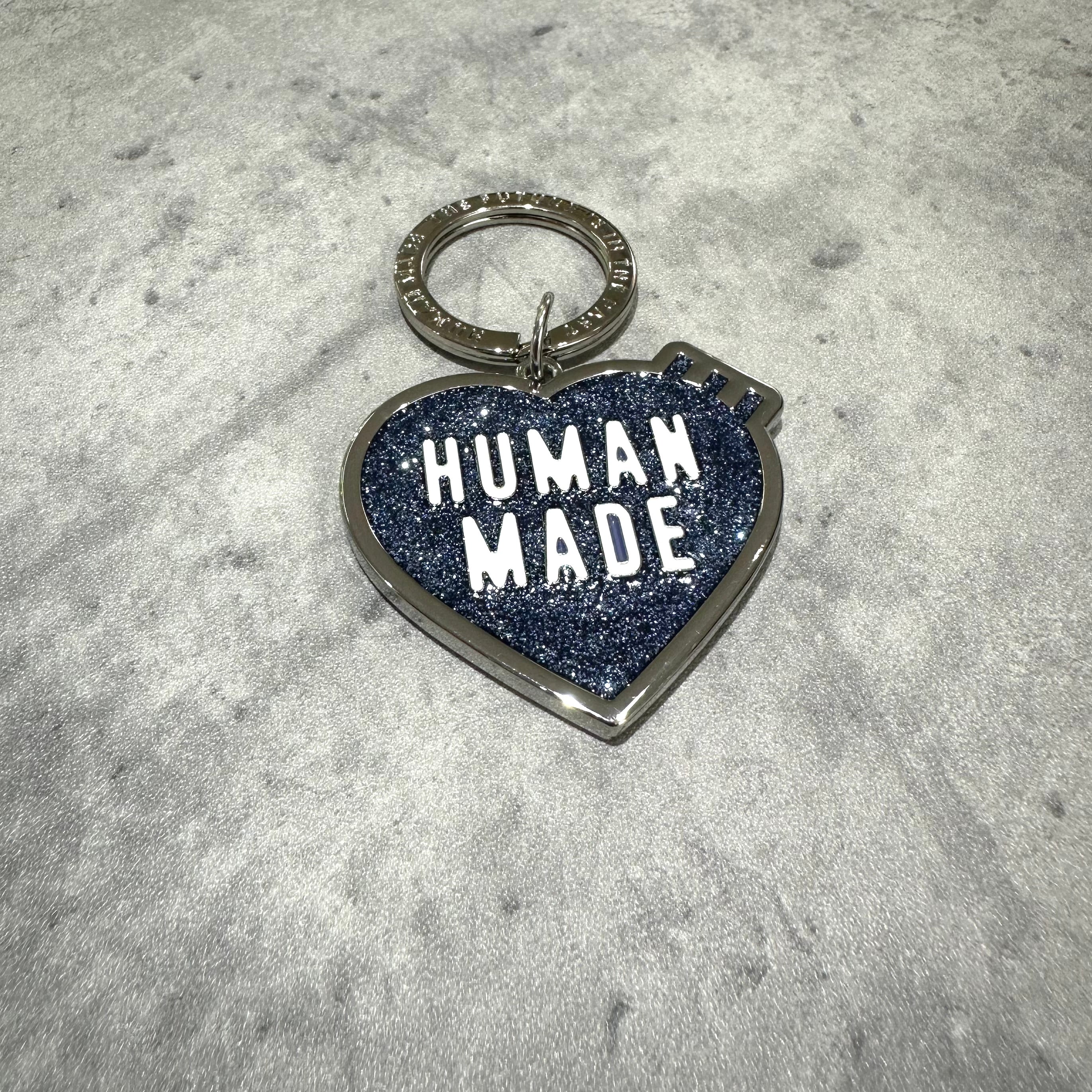 Human Made Store Exclusive Heart Keychain with glittery blue design and silver ring.