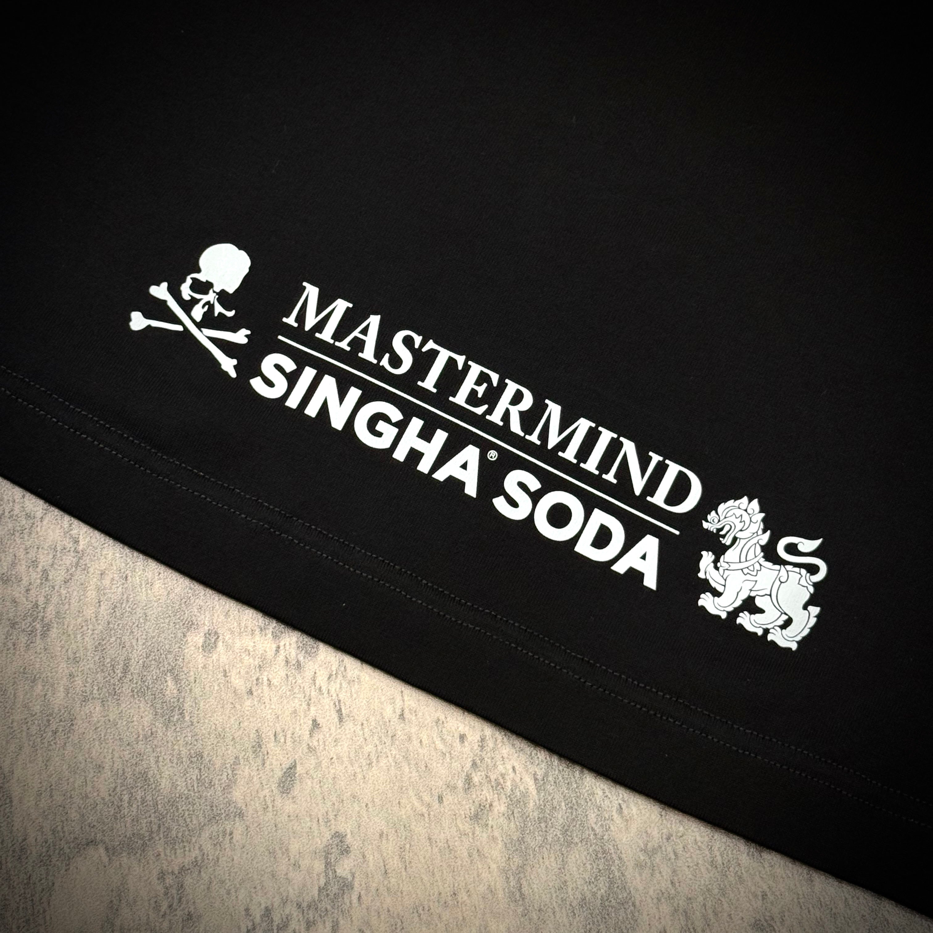 Singha Soda x Mastermind World SS Tee #2 featuring distinctive logo and design on a black t-shirt.