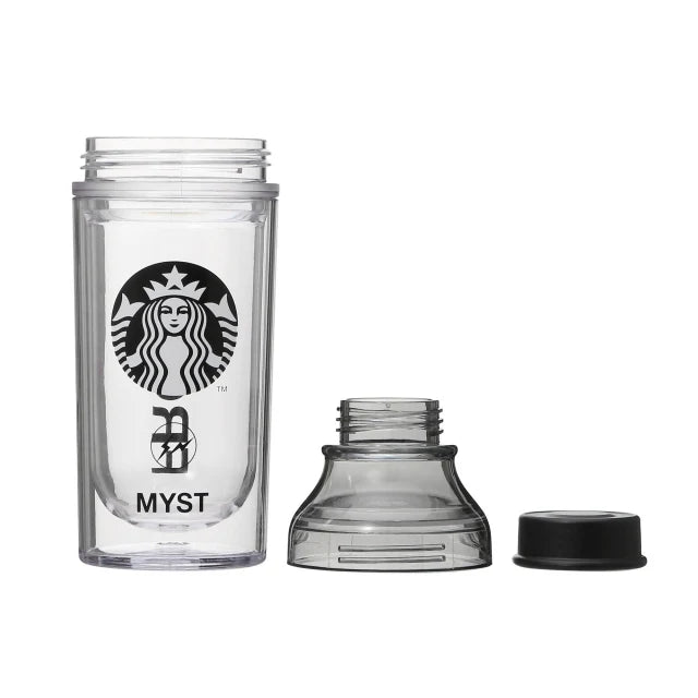 FRGMT MYST x STARBUCKS Double Wall Sunny Bottle showcasing the iconic logo and detachable lid.