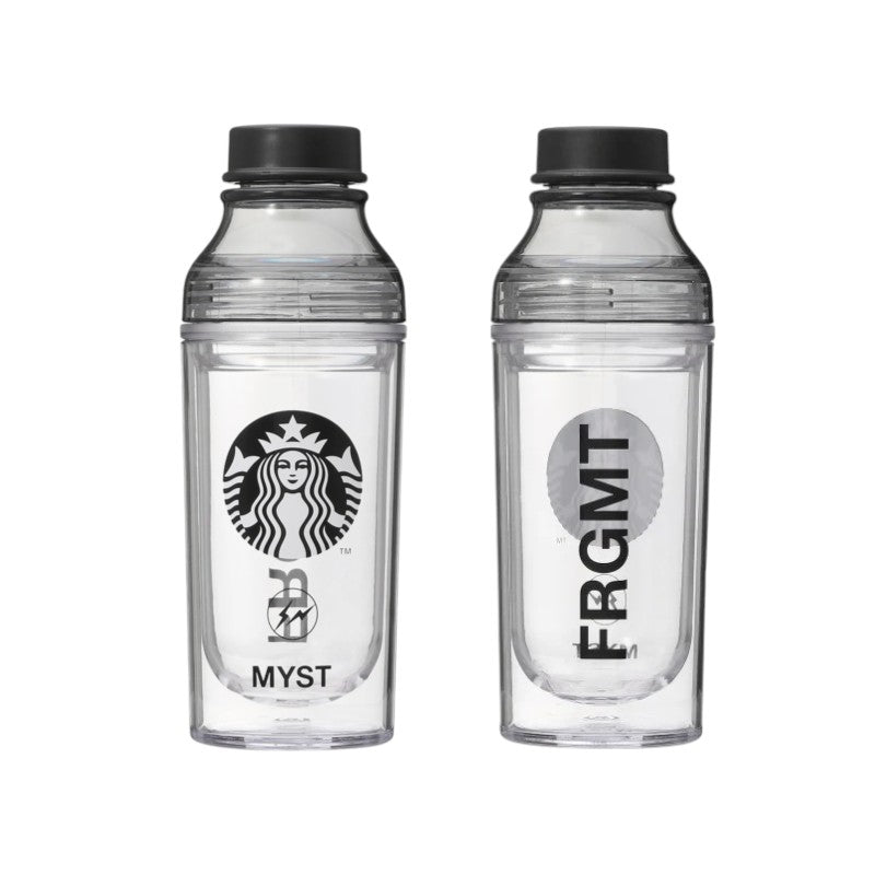 FRGMT MYST x STARBUCKS Double Wall Sunny Bottle showcasing the MYST and FRGMT logos on a clear design.