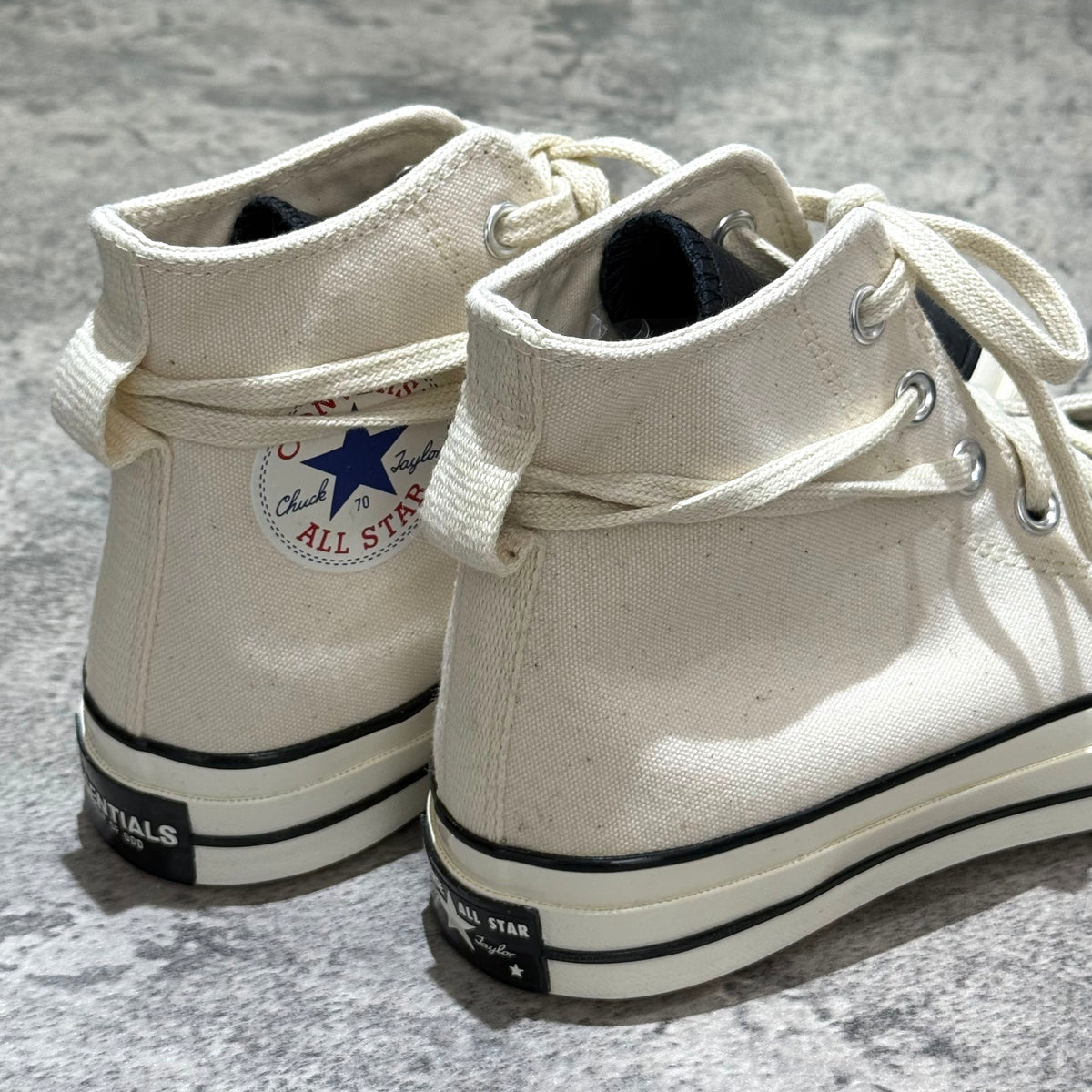 Fear Of God Essentials x Converse Chuck 70s Hi - White / Grey back view showing canvas and logo details.