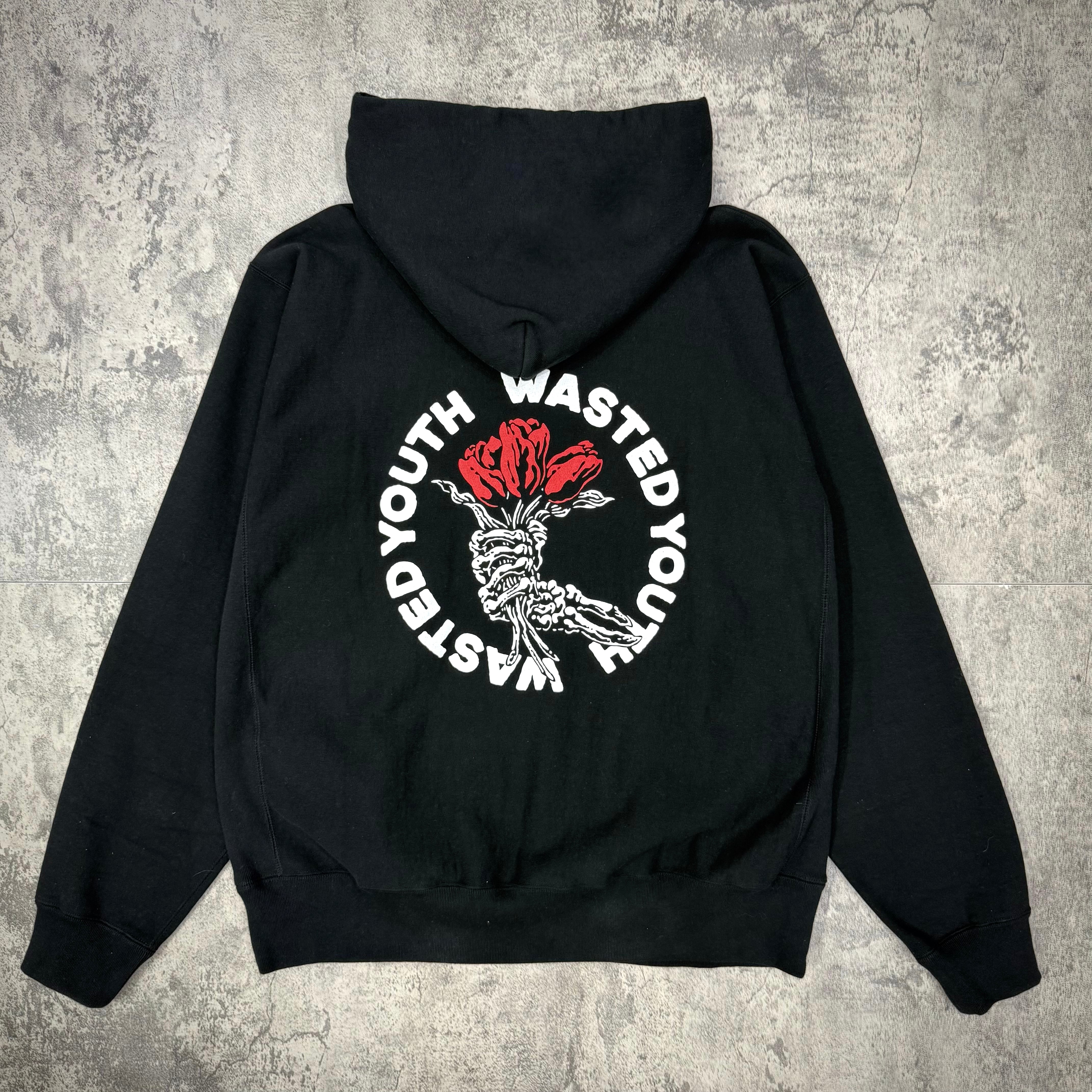 Wasted Youth Heavy Weight Hoodie #2 - Black with red rose graphic on back.